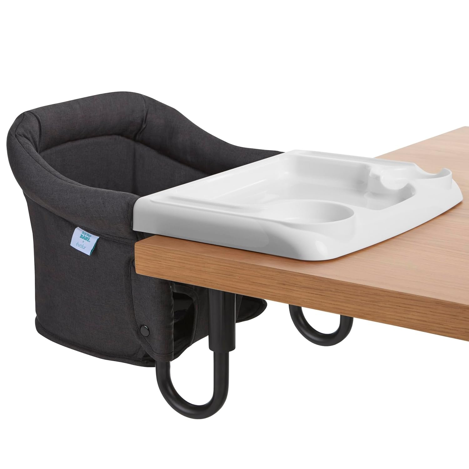 Evolur Clamp-On Comfort Table Chair, Portable Clip-On High Chair for Babies & Toddlers (6–36 Months), Removable Washable Seat Cover, Dishwasher-Safe Tray, Foldable Design with Carry Bag – Black