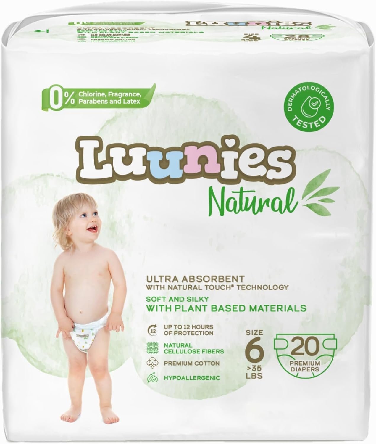 Natural Ultra Absorbent Premium Diapers, Hypoallergenic, Chlorine-Free, Plant-Based Materials, Up to 12 Hours Protection | Size 6, 200 Count