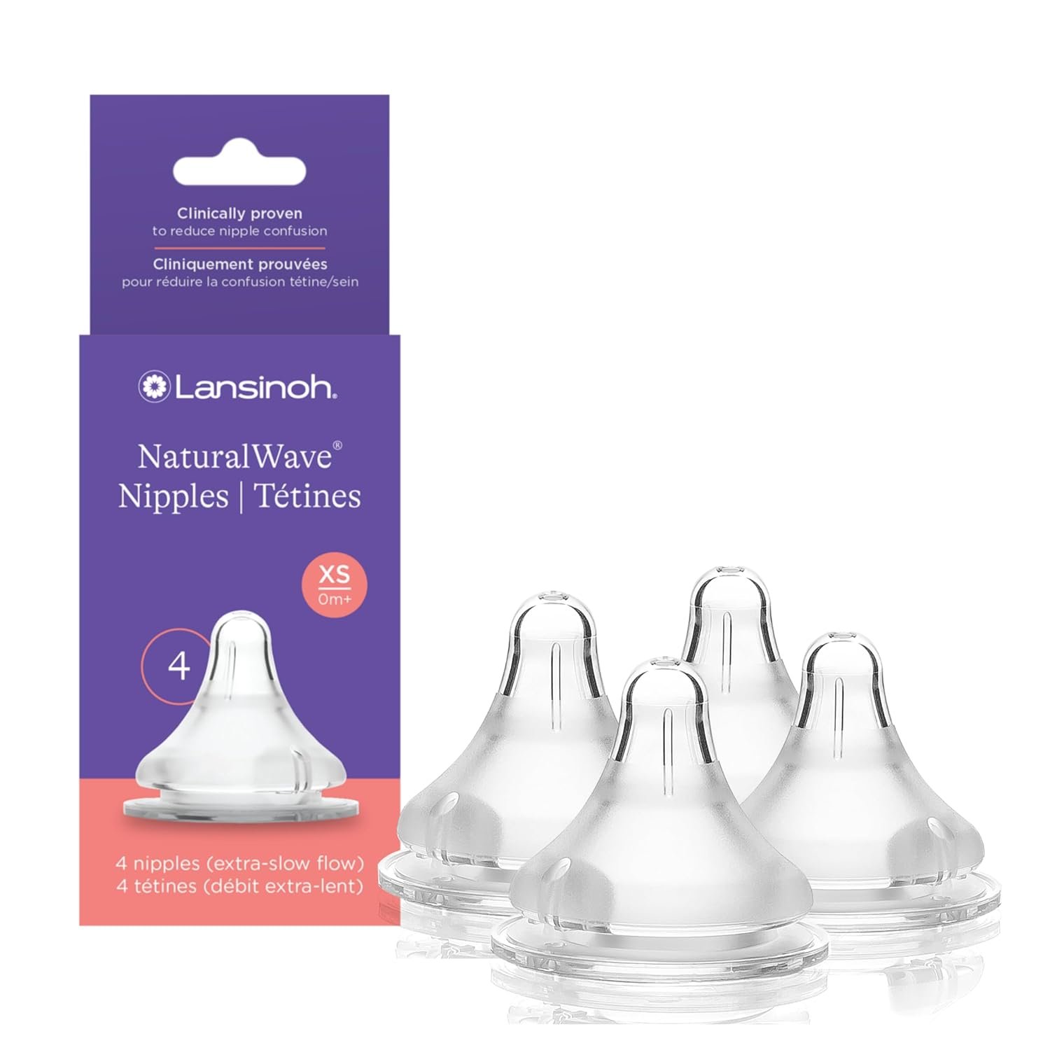 Lansinoh NaturalWave Baby Bottle Nipples, Extra Slow Flow, Size XS, 0+ Months, 4 Count 100% Soft, Durable Silicone, Made Without BPA BPS, Anti-Colic, Supports Baby’s Developing Mouth and Teeth