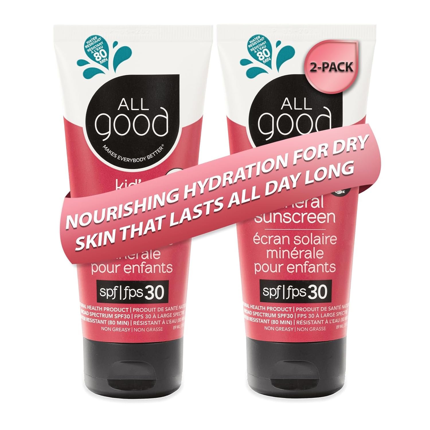 All Good Baby & Kids Sunscreen Lotion for Face & Body – UVA/UVB Broad Spectrum, SPF 30, Zinc Oxide, Coral Reef Friendly, Water Resistant- Zinc, Shea Butter, Coconut Oil, Aloe (3 oz)(2-pack)