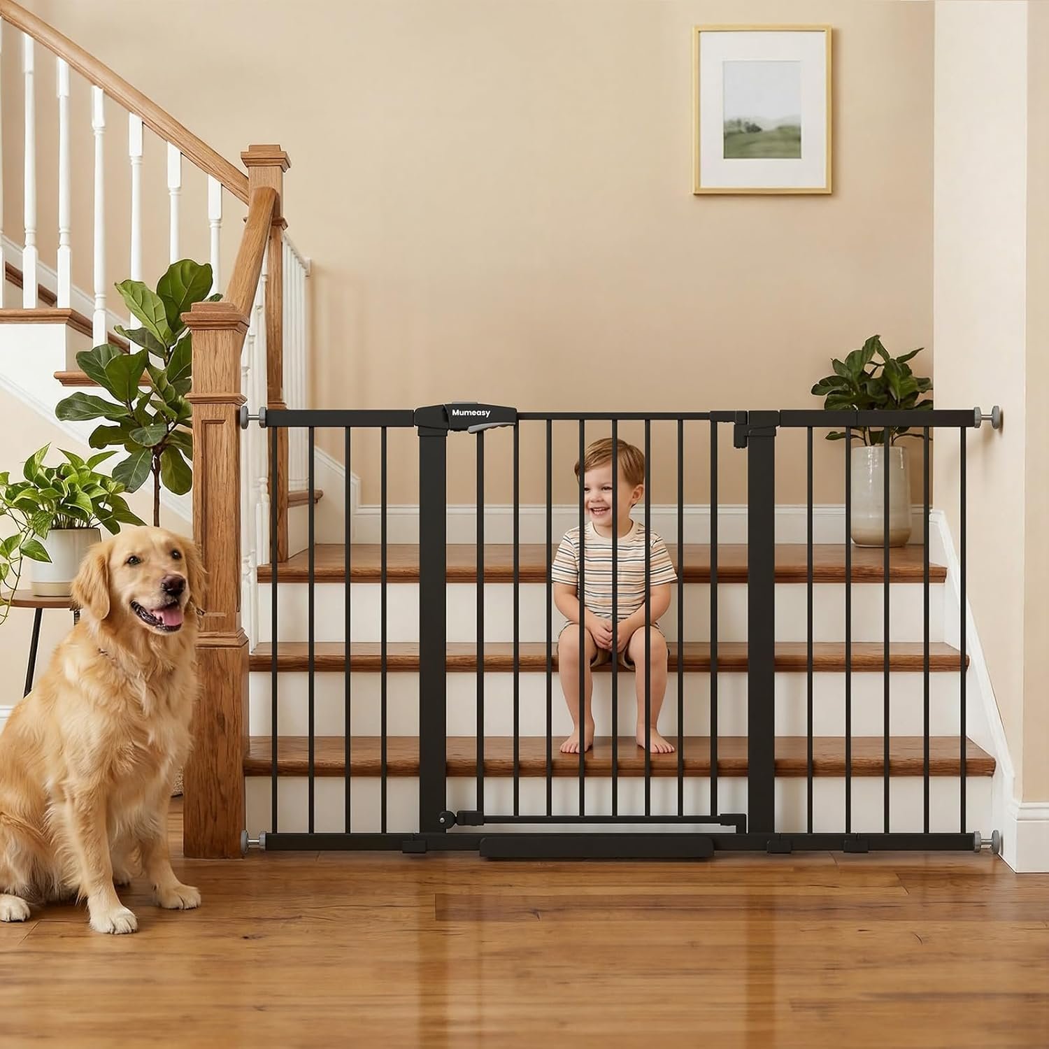 Mumeasy 29.7-57″ Extra Wide Baby Gate, Auto Close Large Dog Gate for Doorways, No Drilling Pressure Mounted Pet Safety Gate for Stairs, Easy Walk Through Child Gate for Hallways, House, Indoor, Black
