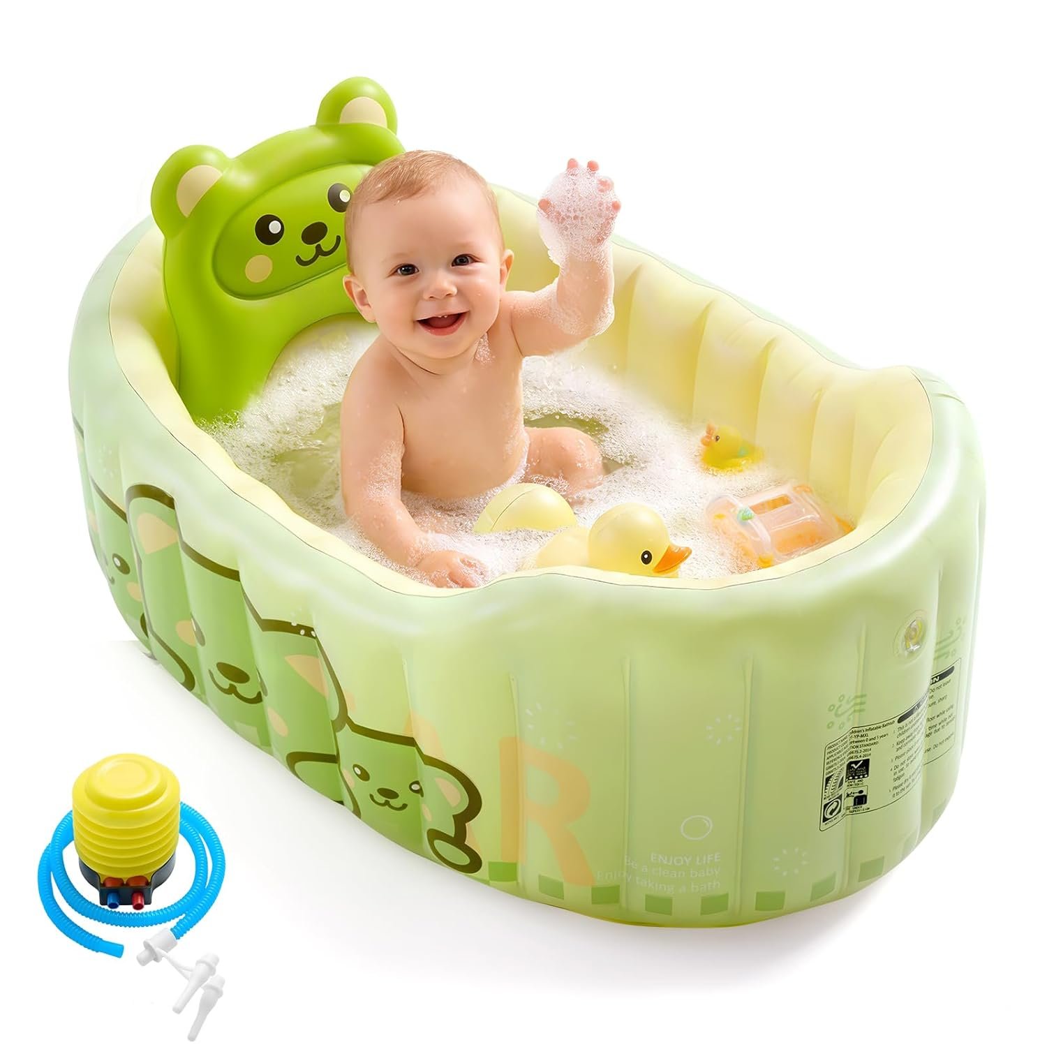 Inflatable Baby Bathtub with Seat Cushion & Air Pump, Newborn to Toddler Bath Tub, Foldable Portable Toddler Tub for Shower Sink, Non-Slip Texture, Quick-Drain, Travel-Ready, Green