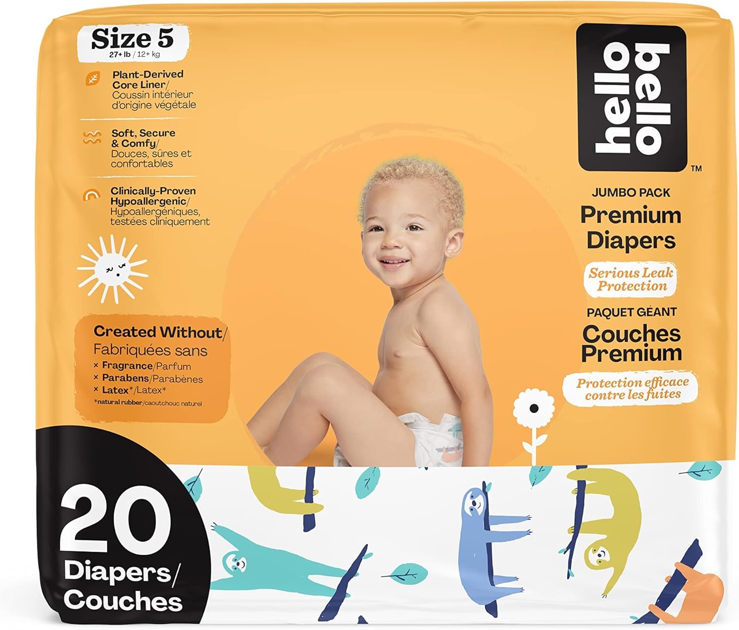Hello Bello Premium Baby Diapers Size 5 I 20 Count of Disposeable, Extra-Absorbent, Hypoallergenic, and Eco-Friendly Baby Diapers with Snug and Comfort Fit I Sleepy Sloths