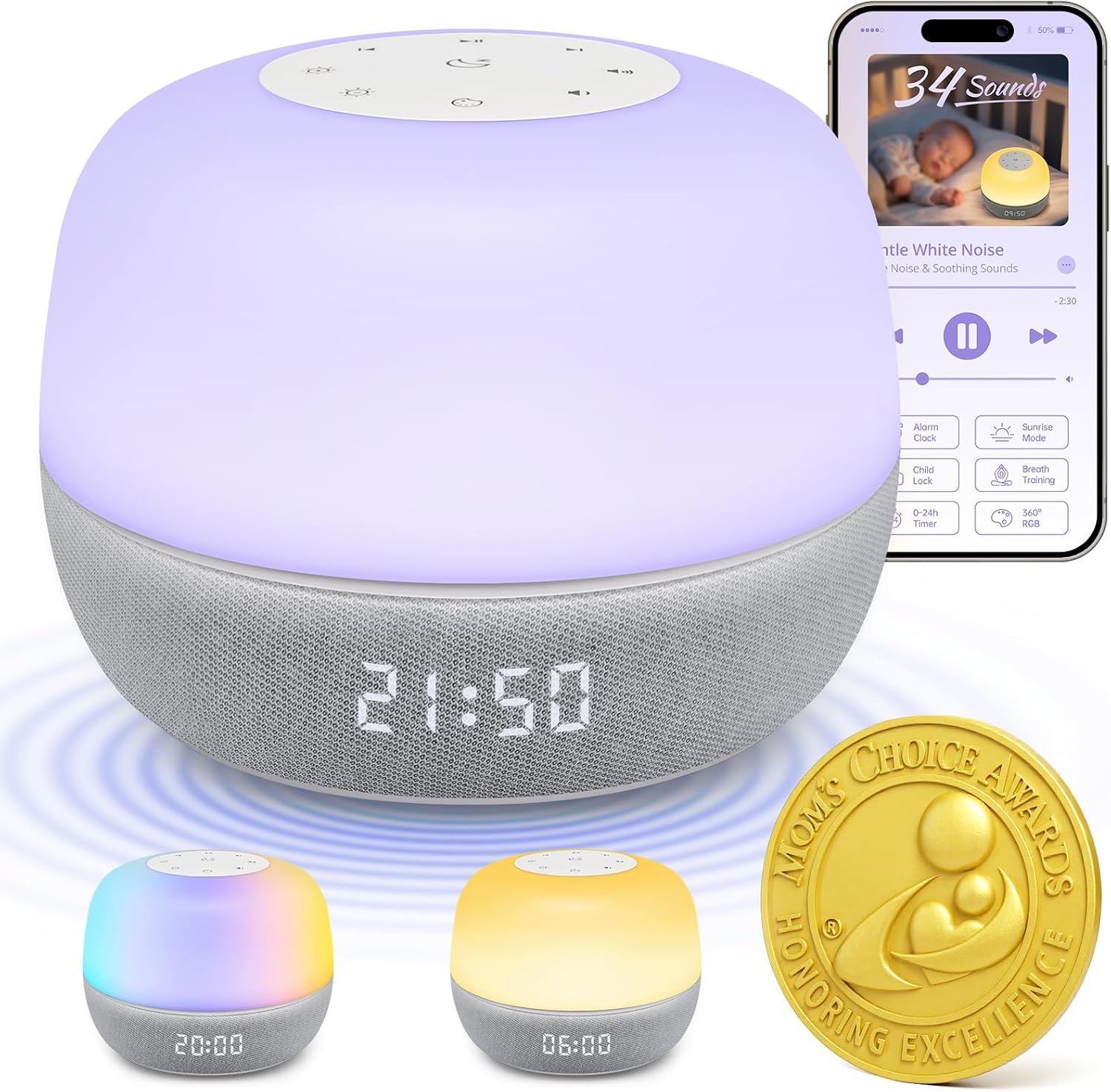 2025 Mom’s Choice Awards | Sound Machine Baby White Noise Machine with Sunrise Alarm Clock & App Control – 360° RGB Night Light, Sleep Soother for Adults & Kids, Newborn Essentials Shower Gift