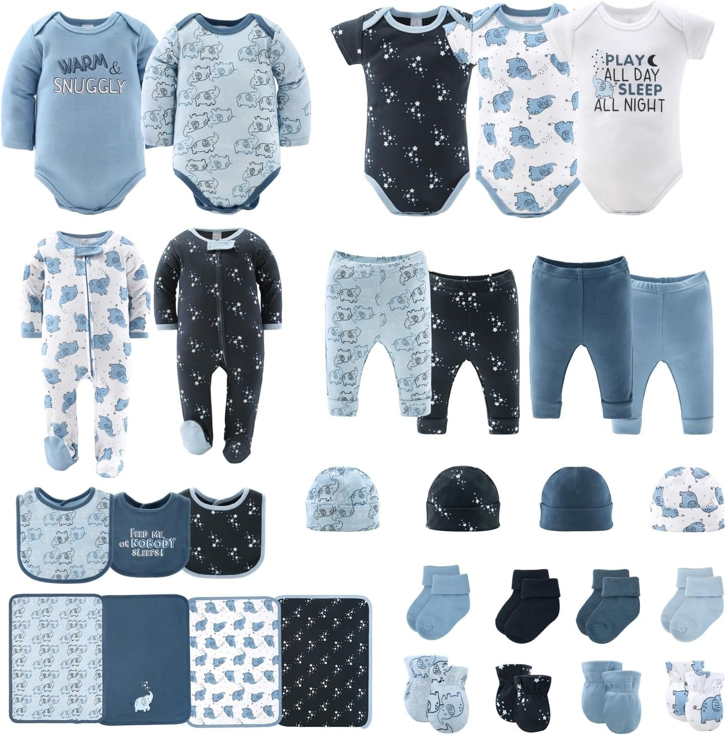 The Peanutshell Baby Layette Gift Set for Boys – 30 Piece Layette Set, Newborn to 9 Months Baby Boy Clothes – Elephant Blue