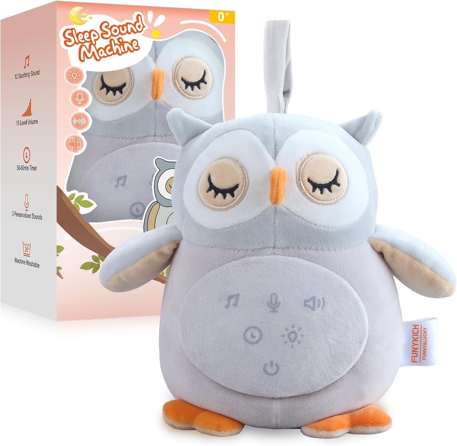 FUNYKICH Owl Baby Sound Machine with Red Light, Rechargeable Baby Sleep Soother, 12 Soothing Sounds, Recording&Wireless Speaker, Timer, Removable Washable,Babies Essentials for Newborn,Gift Packaging