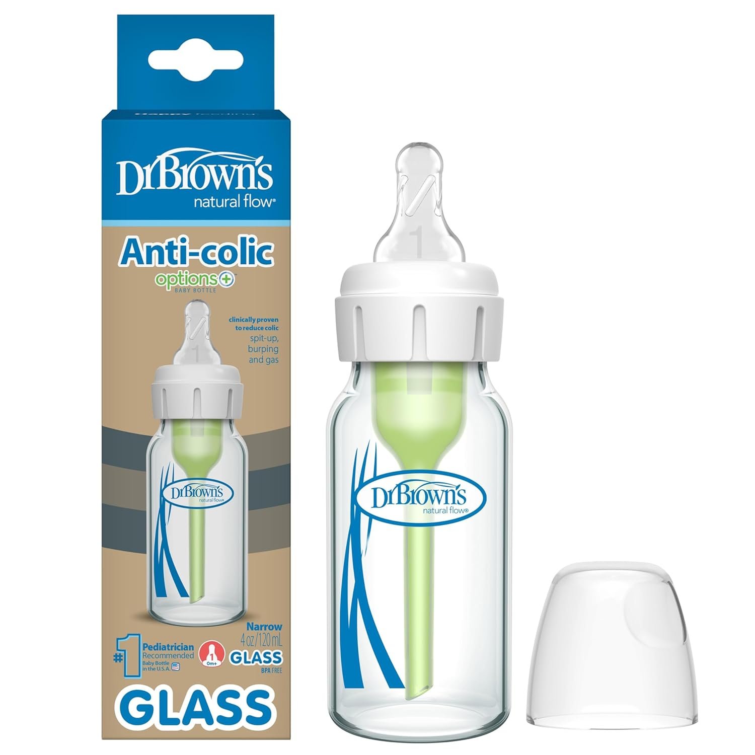 Dr. Brown’s Anti-Colic Options+ Narrow Glass Baby Bottle with Level 1 Slow Flow Nipple, BPA-Free, 4 oz/120mL, 0m+, 1-Pack (Packaging May Vary)