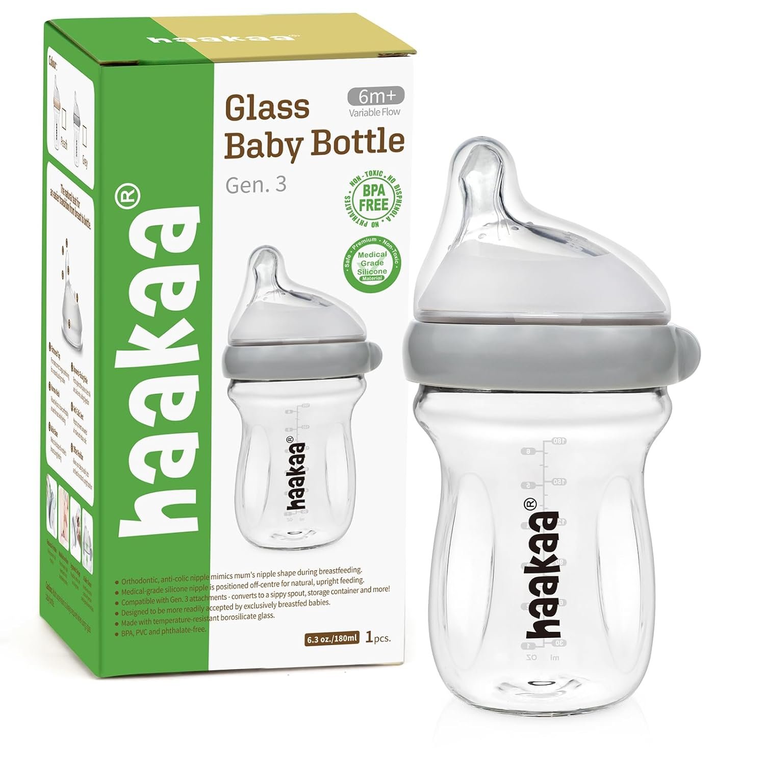 haakaa Gen.3 Natural Glass Baby Bottle 6.3 oz.180ml – Wide Neck, Anti-Colic Varibale Flow Nipple for 6m+ Breastfed Babies, Newborn Registry Essentials,BPA-Free -1 PK