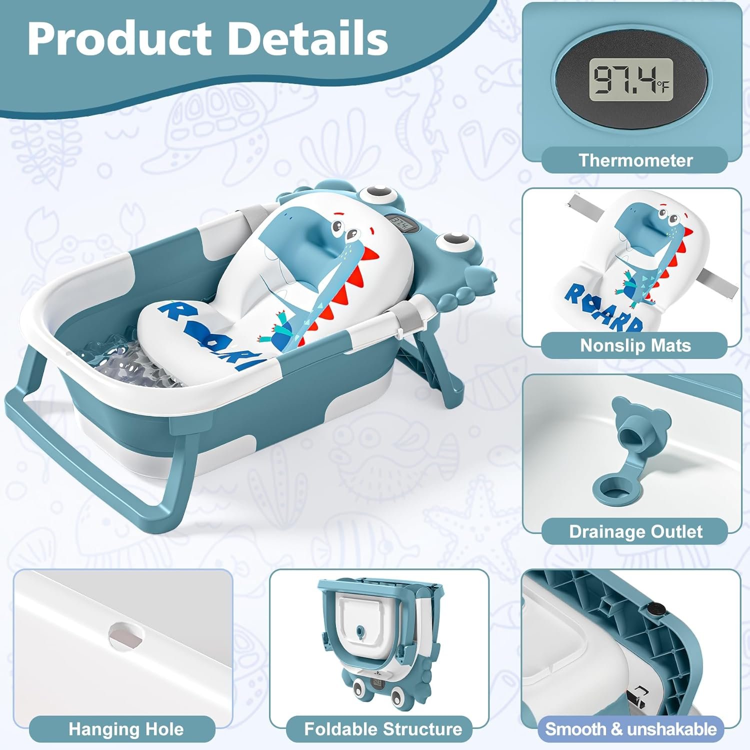 Collapsible Baby Bathtub for Newborns with Thermometer and Soft Floating Cushion Portable and Foldable Travel Baby Bath Tub for Infants to Toddler 0-36 Month (Blue)