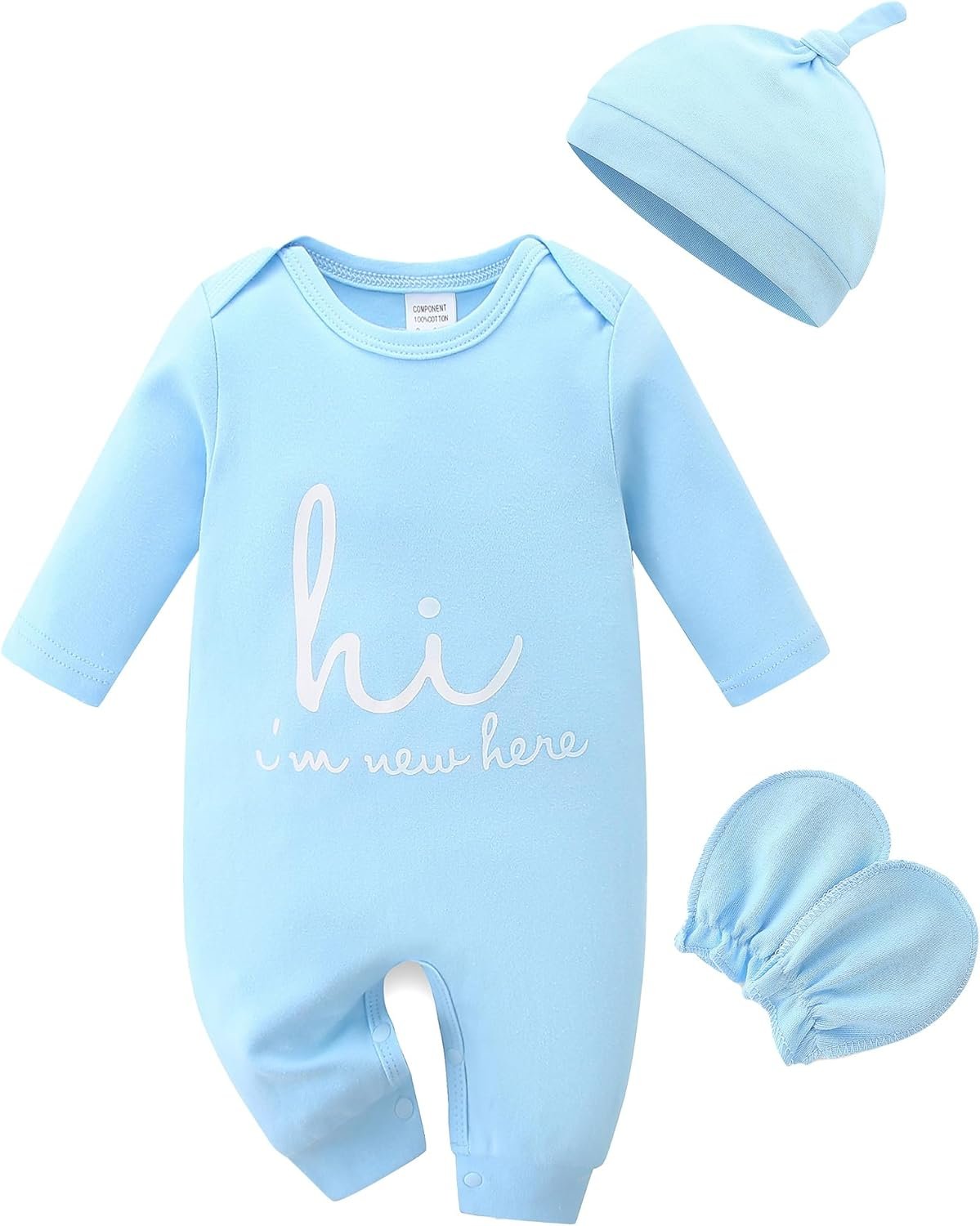 Babymine Cute Newborn Unisex Baby 100% Cotton Long Sleeve Onesie Coming Home Outfits,Soft Romper with Mittens & Hat