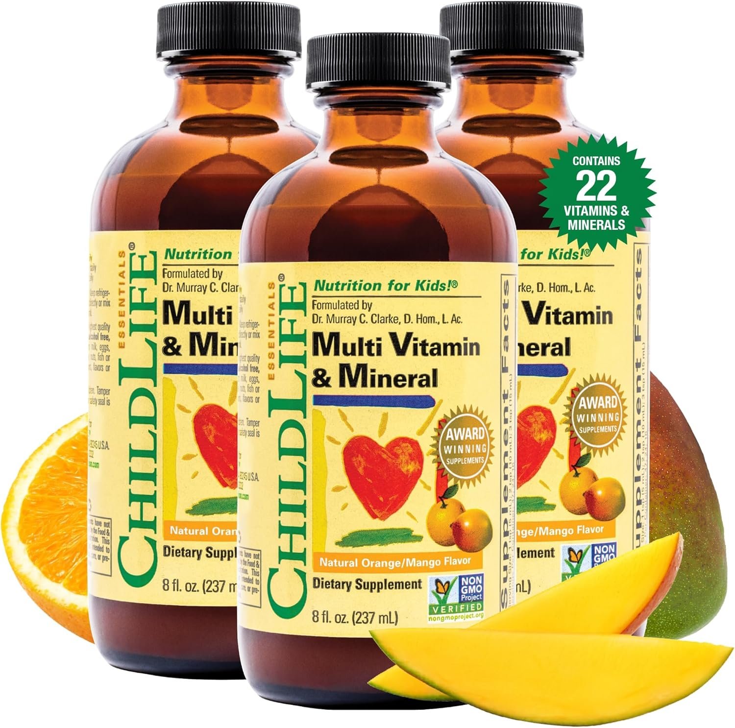 ChildLife Essentials Kids Multivitamin & Mineral – Vitamins for Kids, Liquid Multivitamin Supplement for Toddler & Baby Wellness – Natural Orange & Mango Flavor, 8 Fl Oz (Pack of 3)