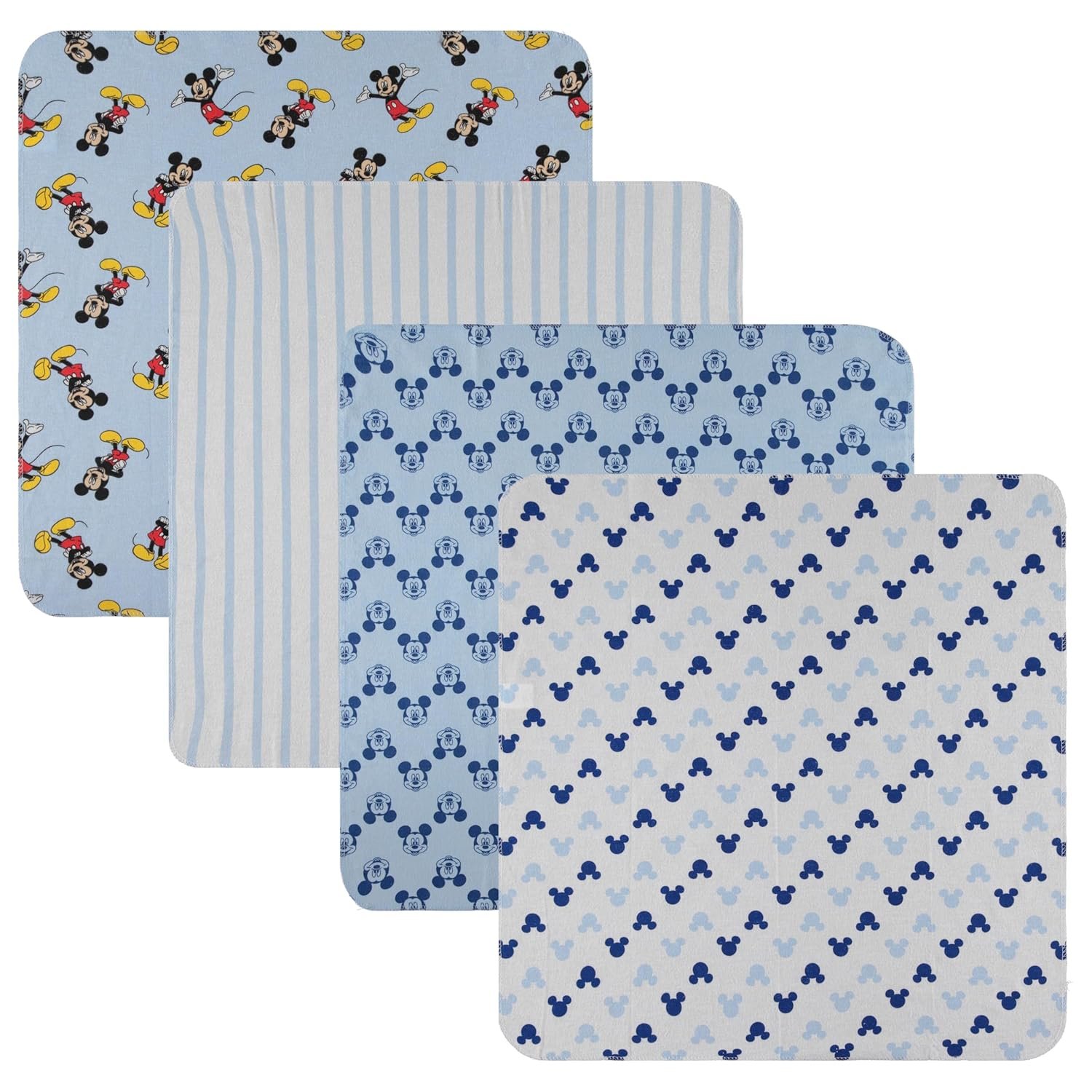 Disney Baby 4-Pack Receiving Blankets — 100% Cotton Flannel, 28″ x 28″ — Available in Mickey, Minnie, Pooh, Stitch or Angel — Soft Swaddle, Burp & Stroller Blankets — Gift-Ready with Ribbon Bow