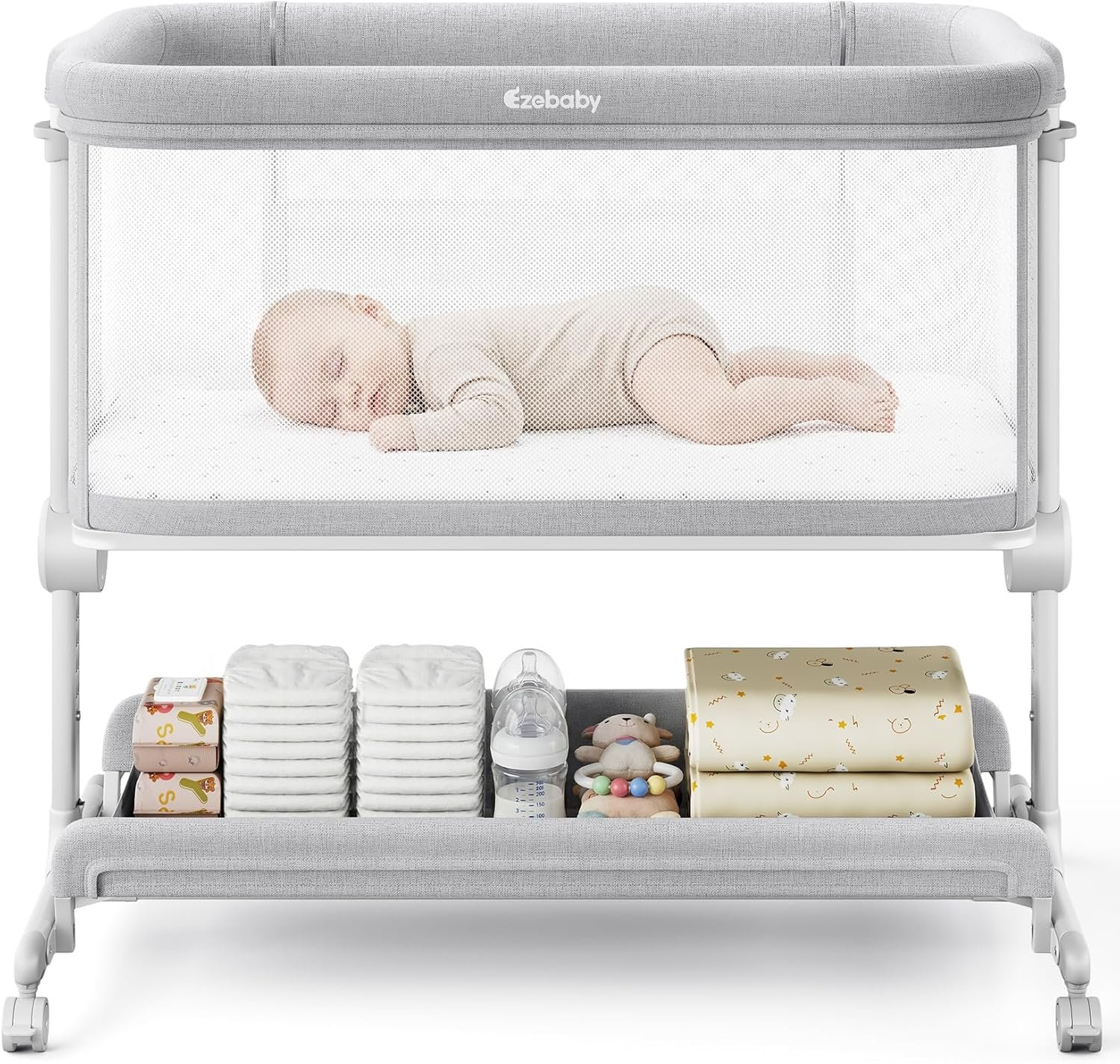 Ezebaby Baby Bassinets Bedside Sleeper, Portable Bedside Bassinet for Baby Newborn Infants with Adjustable 7 Heights and All Mesh Sides, Newborn Crib with Mattress and Soft, Breathable Sheet | Baby bassinets