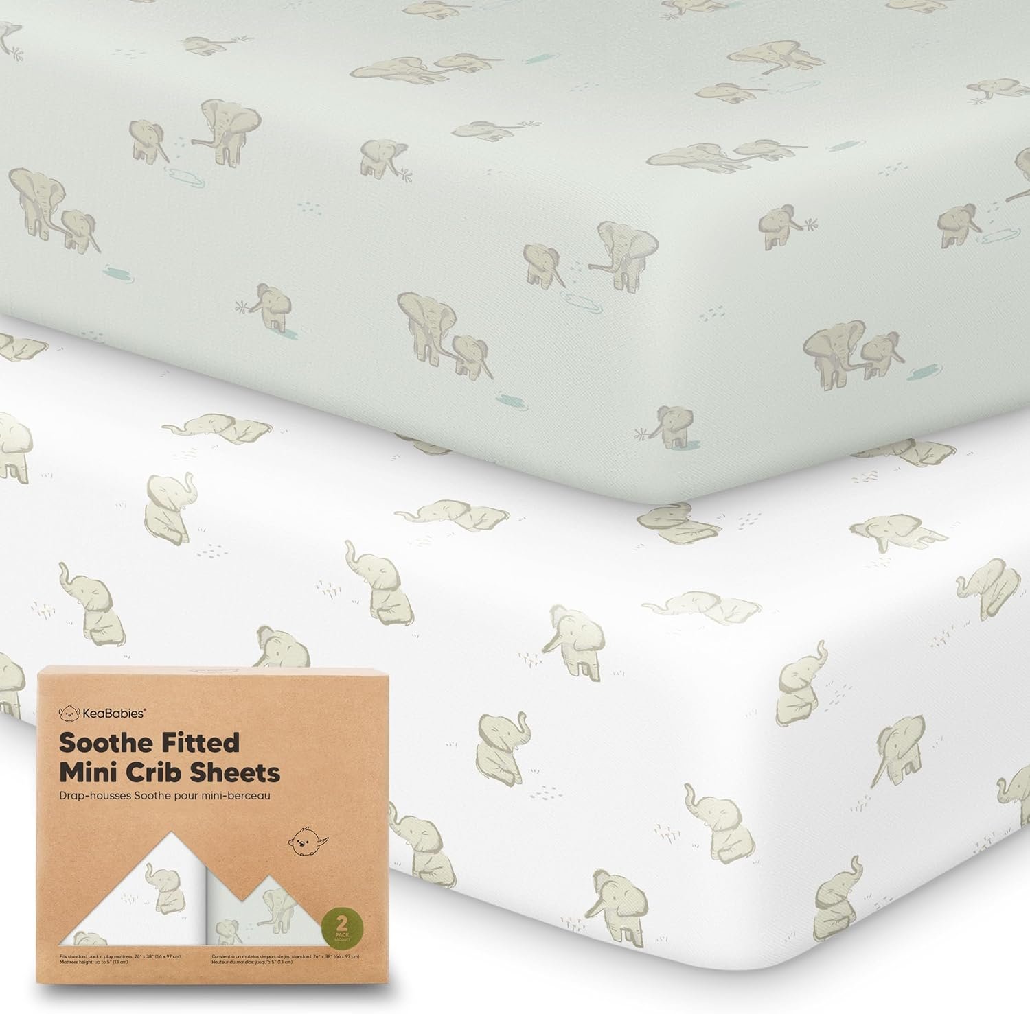 2-Pack Mini Crib Sheets Fitted – 38×26 Pack N Play Sheets for Pack and Play Mattress, Organic Cotton, Soft & Breathable Playard Bedding, Neutral Mini Toddler Bed Cover for Boys, Girls (Elly)