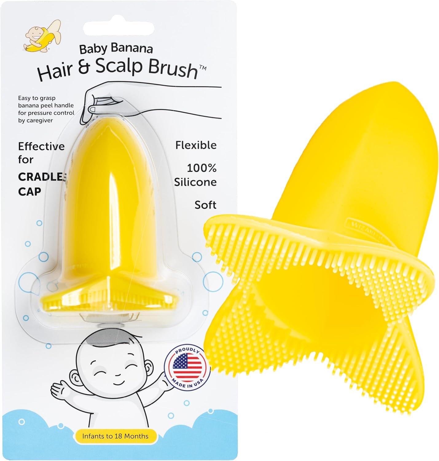 Baby Banana Hair & Scalp Brush for Cradle Cap and Bathtime, Made in USA, Infant to 12 Months, Flexable, Variable Pressure Scalp and Body Scrubber, Sensory Stimulation, Essential Baby Shower Gift