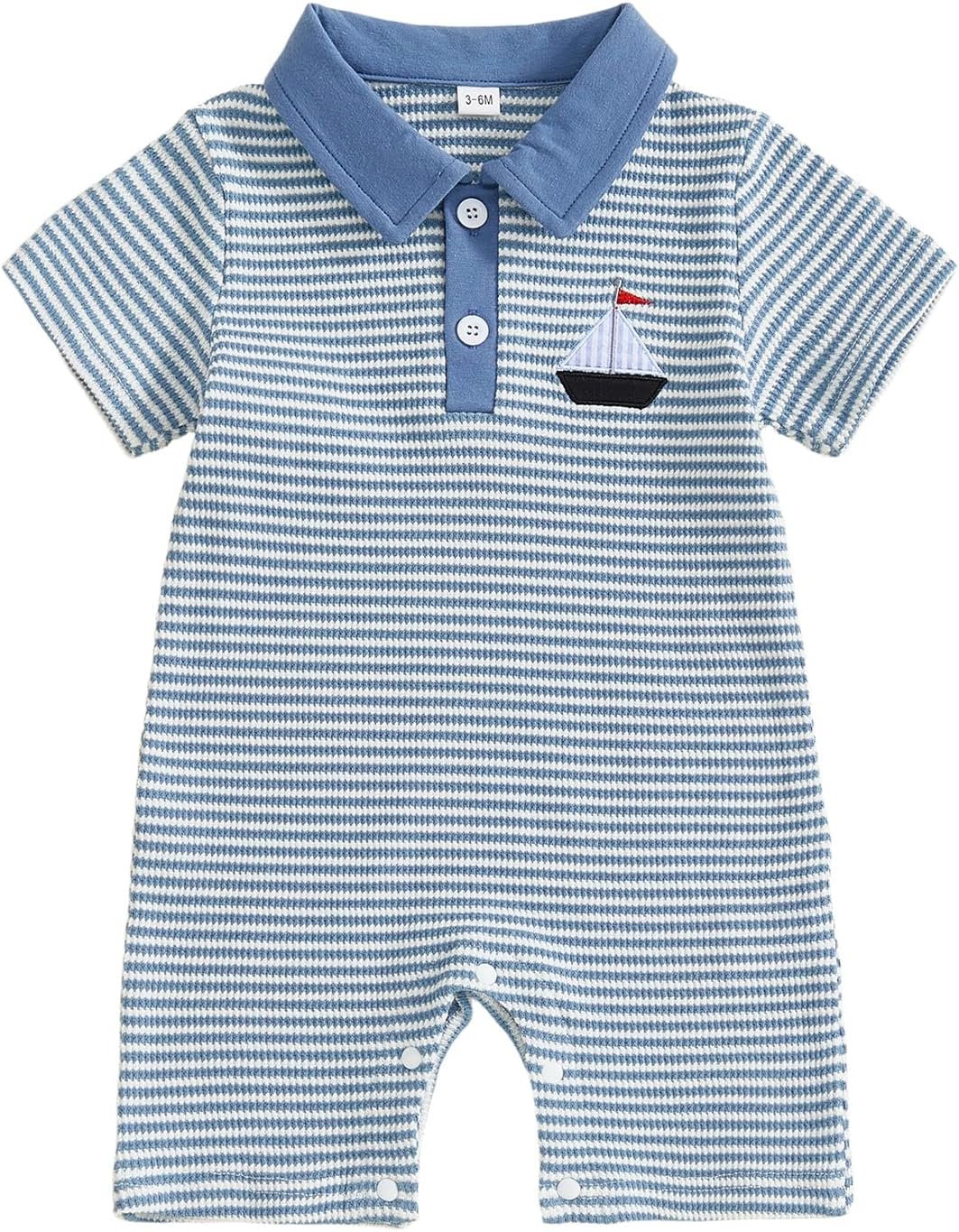Newborn Outfits Baby Boy Clothes Summer Short Sleeve Waffle Knit Collared Sailboat Embroidery Romper Jumpsuit