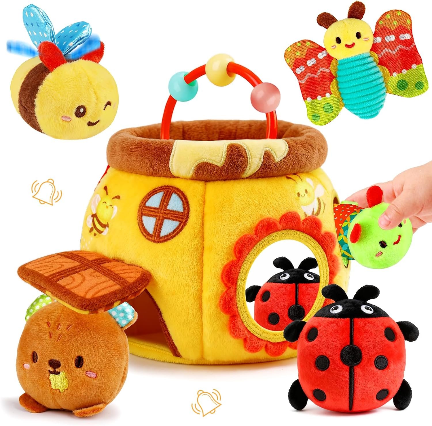 Thremhoo Baby Toys 6-12 Months – Soft Beehive with 5 Stuffed Animals, Rattle, Crinkle, Mirror, Montessori Sensory Toys for Babies 6 7 8 9 10 Months Old Baby Boy Girl Shower Gifts Ages 0-2