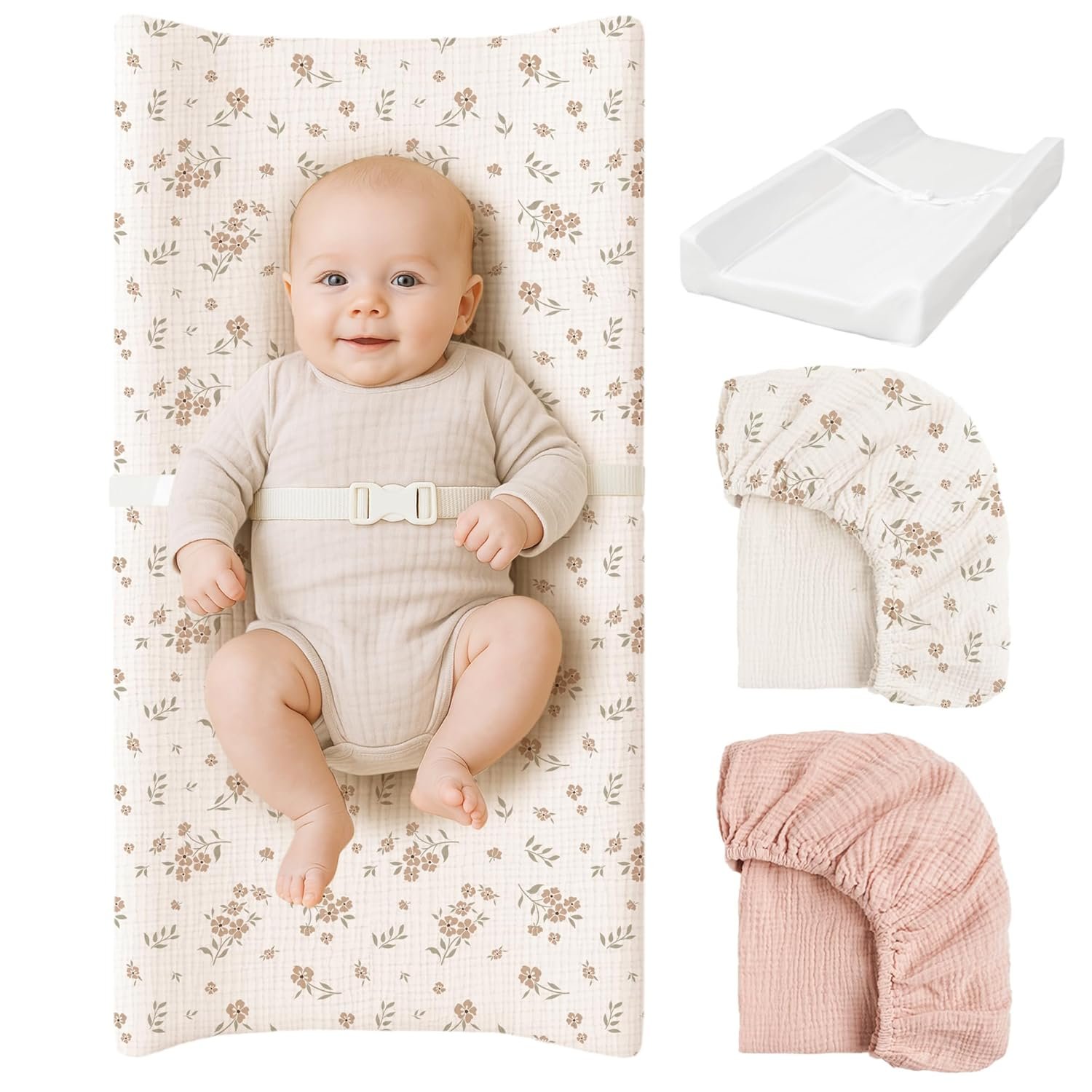 Konssy Muslin Changing Pad with Waterproof Lining Foam, Includes 2 Pack Soft & Cotton Cover, Baby Diaper Changing Pad for Dresser or Table, 32×16 inches (Blossom,Pink)