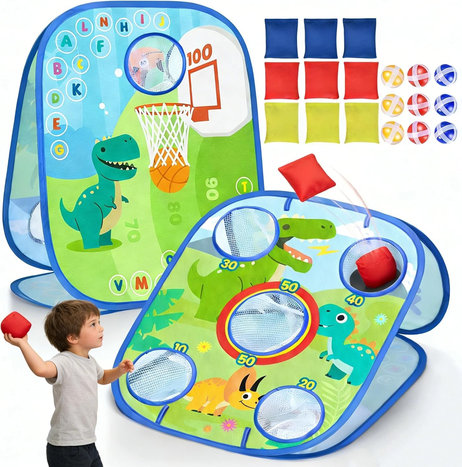 6-in-1 Dinosaur Bean Bag Toss Game – Outdoor Toys for Toddler 1-3, ABC Alphabet & Math Learning Active Play Toy – Indoor Backyard Party Game Beach Games