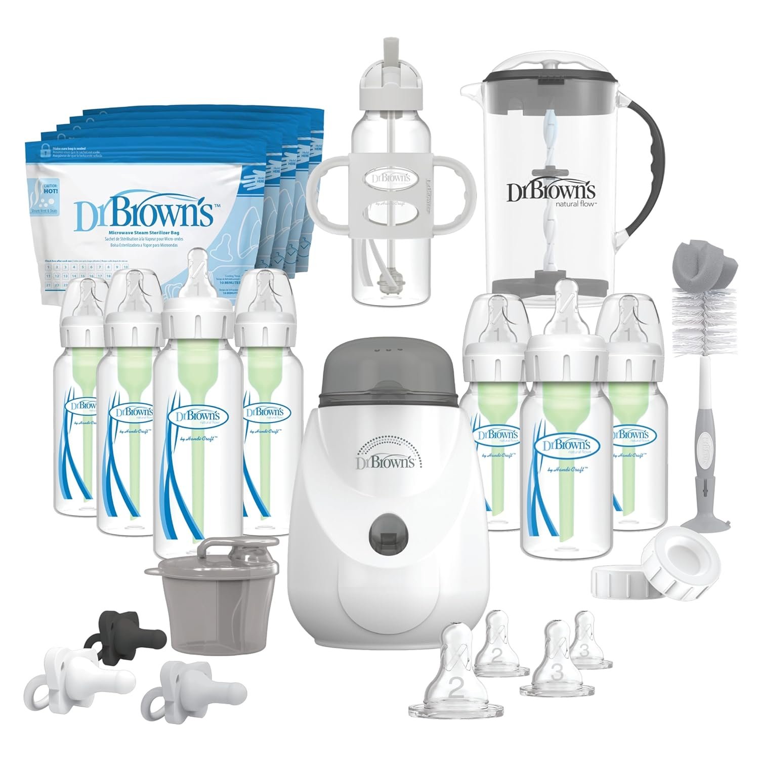 Dr. Brown’s Natural Flow Anti-Colic Options+ All-In-One Gift Set for Newborn, with Bottle Warmer, HappyPaci Pacifiers, Cleaning Brush, Formula Mixing Pitcher & Formula Dispenser, 0m+