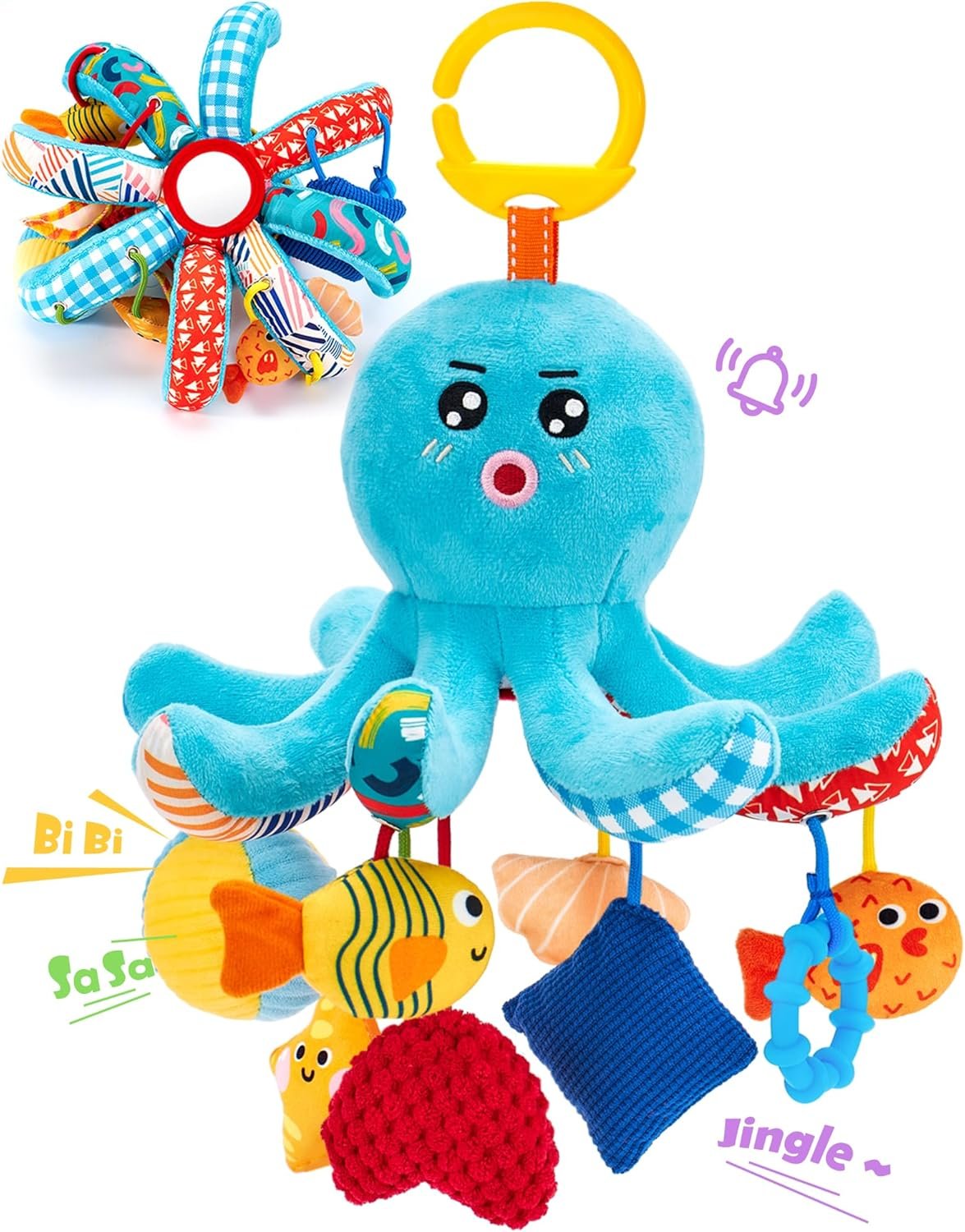 hahaland Baby Toys 0-6 Months – Car Seat Toys Octopus Toy with Pulling Cords, Squeaky, Crinkle, Rattle, Mirror – 3 4 Month Old Toys for Babies Infant Sensory Stroller Carseat Hanging Toy for Baby Gym