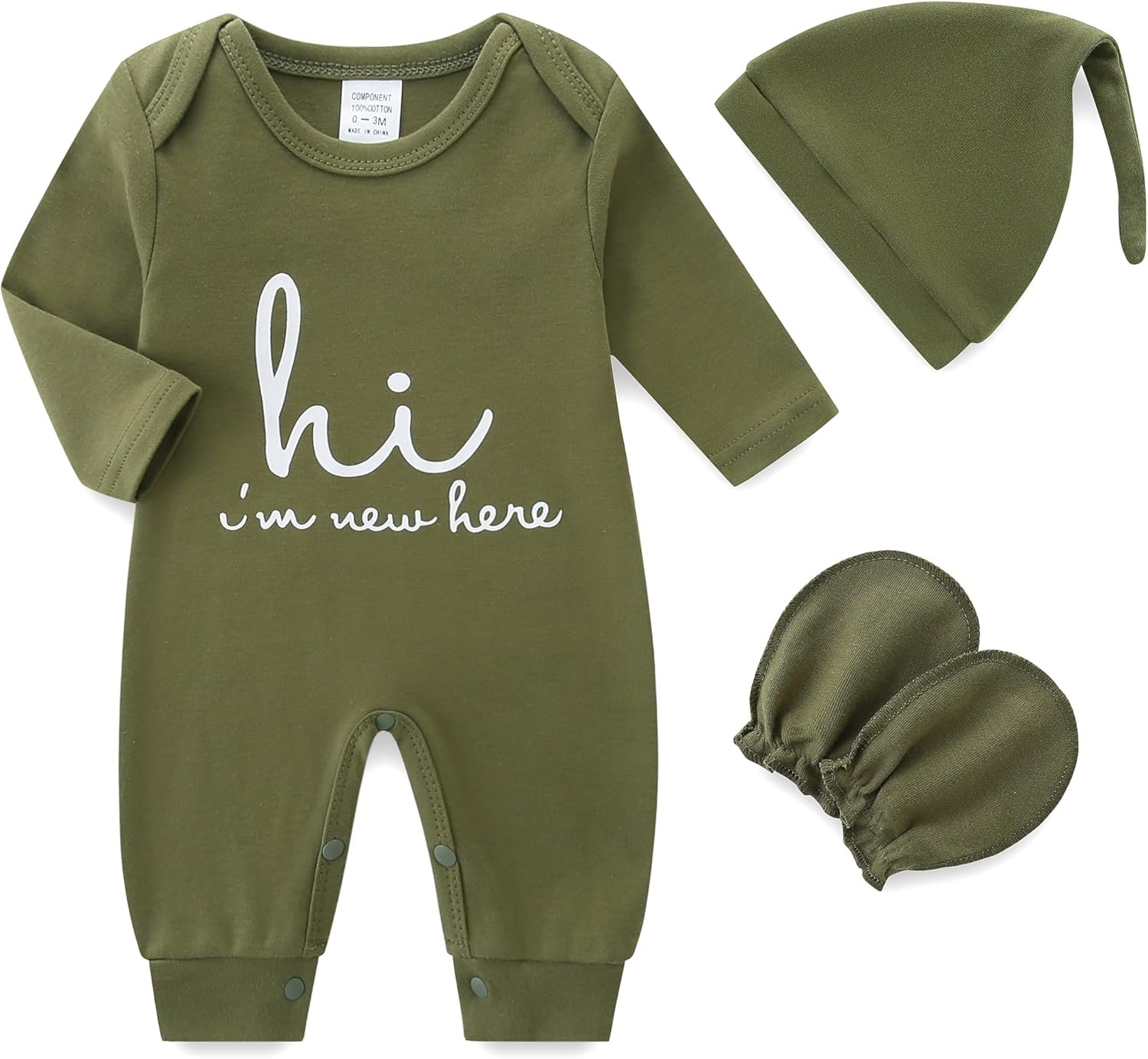 Newborn Baby Romper Cotton Coming Home Outfits Hi Im New Here with Hat Gloves Long Sleeve Solid Onesie