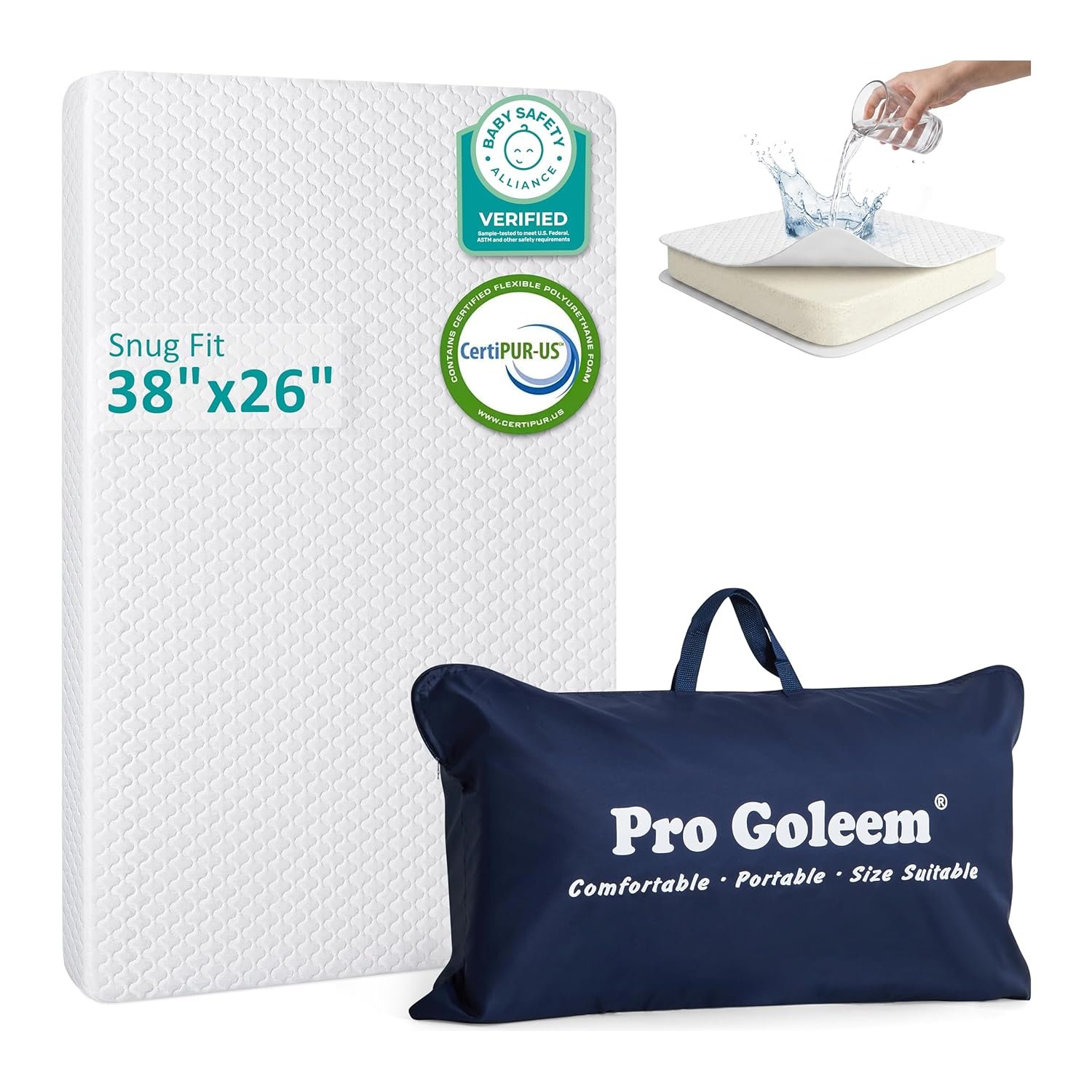 Pro Goleem Pack and Play Mattress (38″x26″), Waterproof Pack n Play Mattress Pad with Carry Bag, Firm Playard Mattress with Soft Cover, for Babies and Toddlers