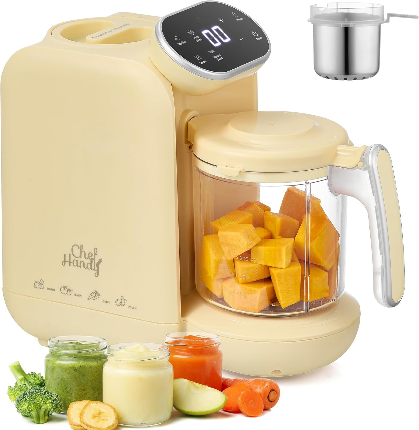 Chefhandy Baby Food Maker, Steamer & Blender with Stainless Steel Basket, Puree Maker with Auto/Manual Blend, Bottle Warmer & Sterili-zer, Safe & Easy-to-Clean Compact Baby Food Processor (Yellow)