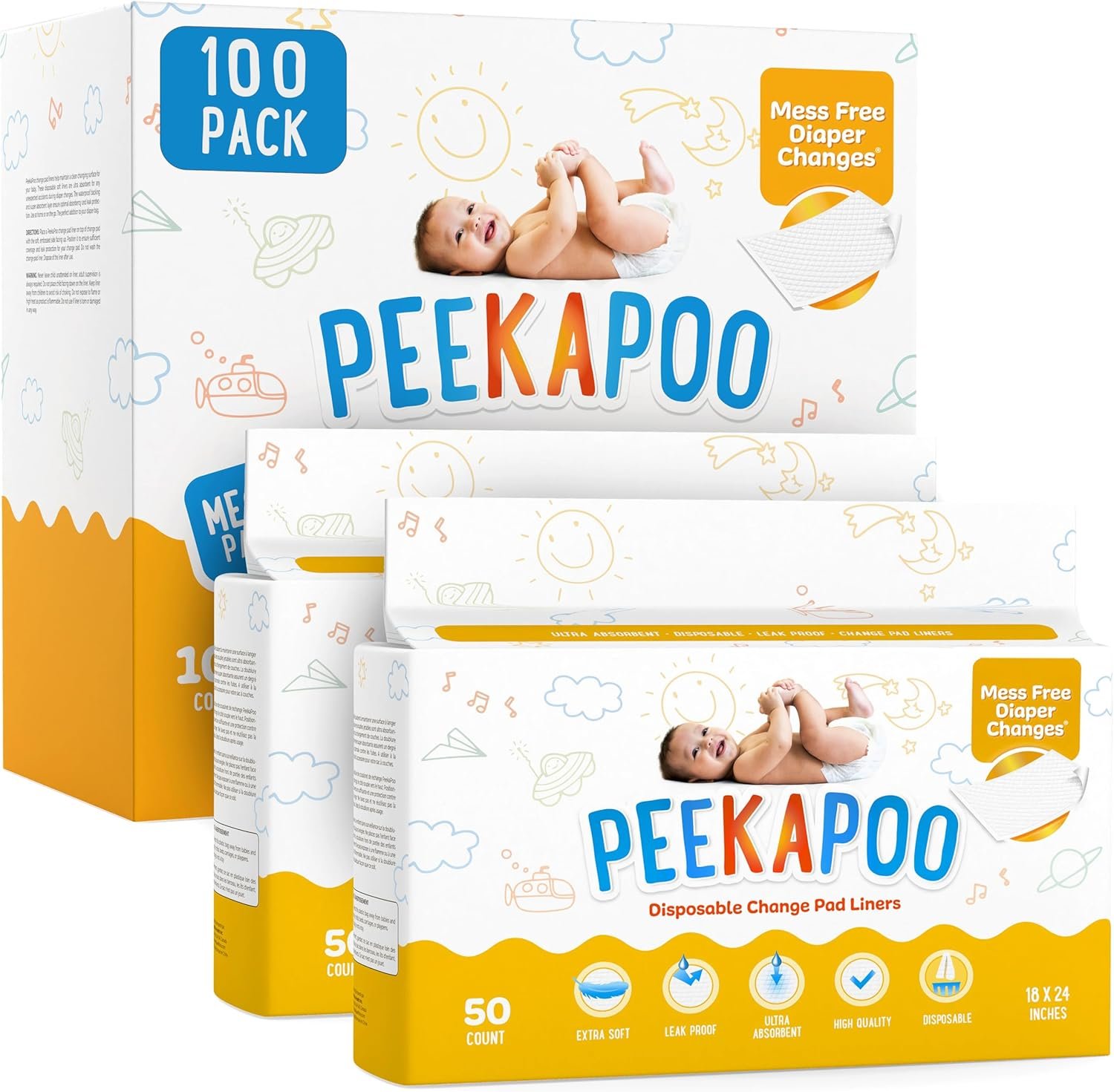 Peekapoo – The Original Disposable Baby Changing Pad Liners – 100 Pack | Super Soft, Waterproof, Ultra Absorbent | Portable, Travel-Friendly, Mess-Free Diaper Changes Anywhere
