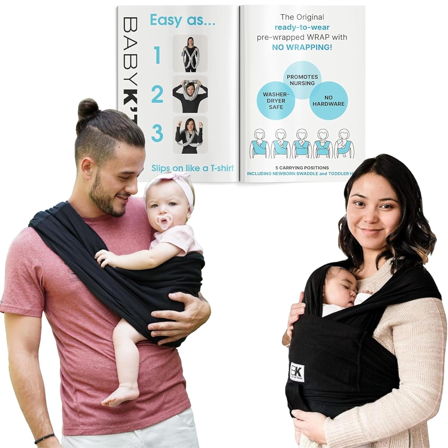 Original Baby K’tan Baby Carrier: #1 Easy Pre-Wrapped, Soft, Slip-On, No Rings, No Buckles | 5 in 1 Baby Sling for Hands-Free Comfort | Black | X-Small