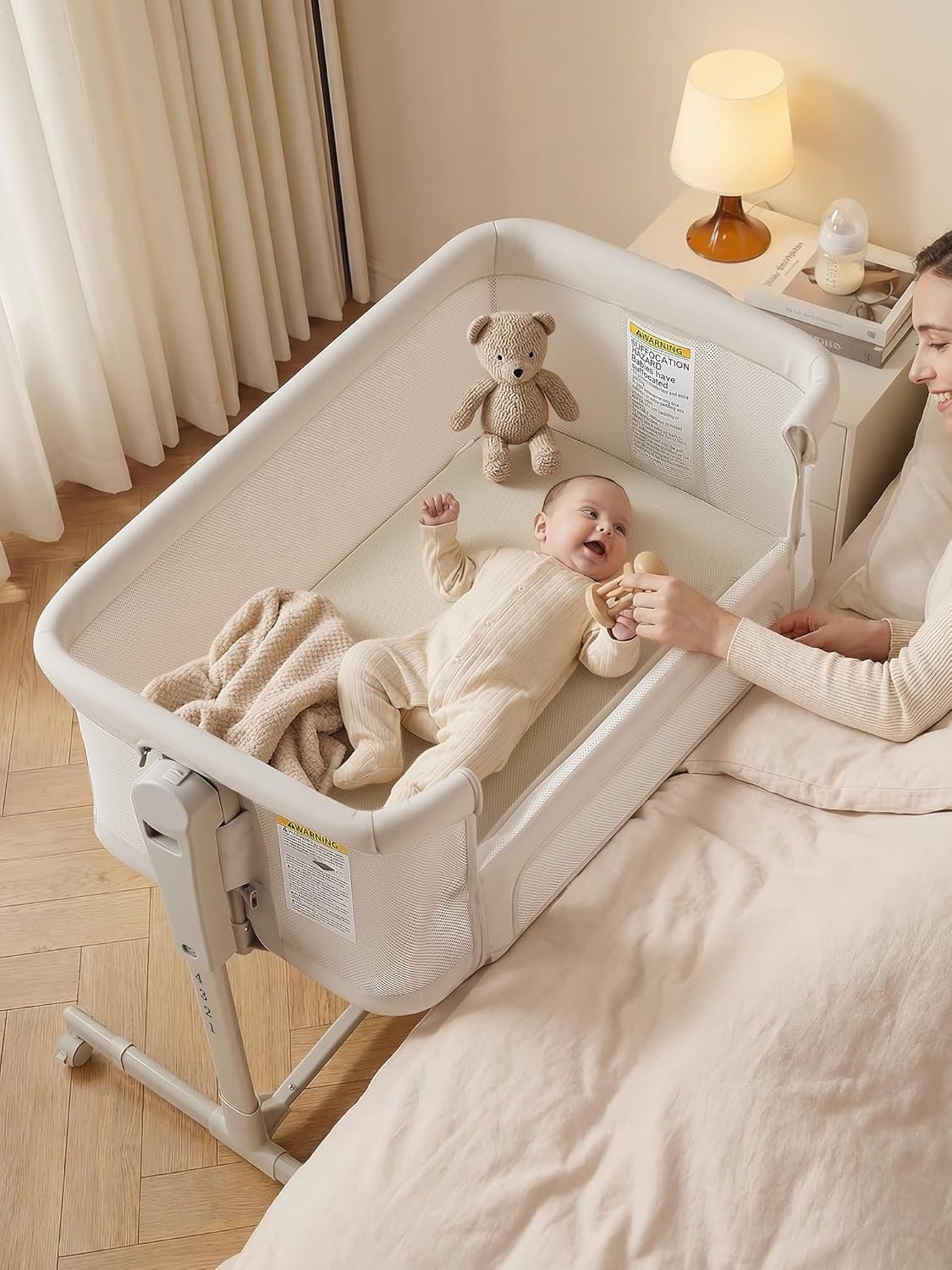 ONTHEWEI Baby Bassinet Bedside Sleeper 3-in-1, Easy Night Feeding with One-Side Fold & Rolling Wheels, Breathable Mesh, 6-Height Adjustable, Soft Mattress for Newborns