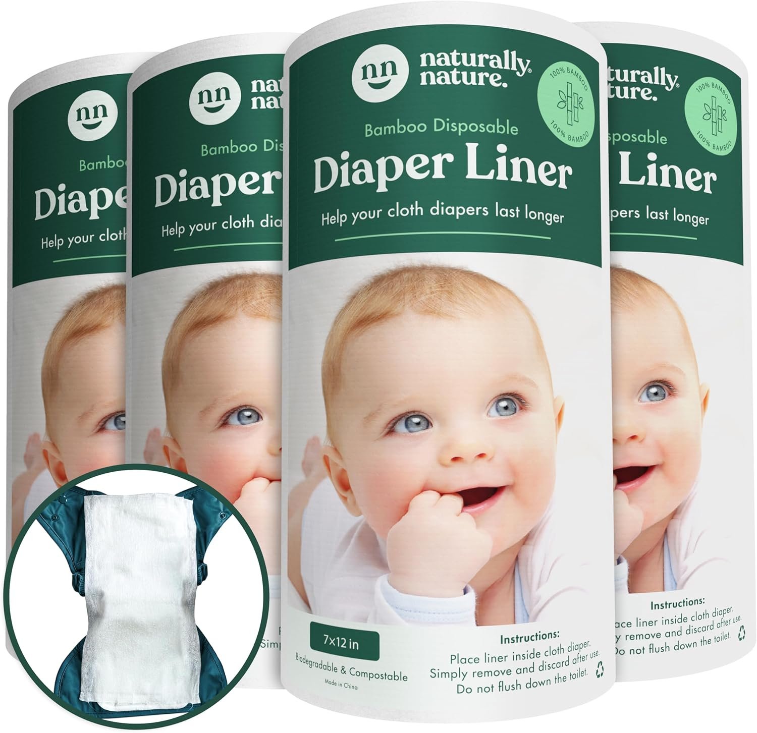 Naturally Nature Disposable Cloth Diaper Liners, Unscented, Fragrance-Free, Chlorine Free Diaper Inserts – 400 Count – (4 Rolls, 100 Sheets per Roll)