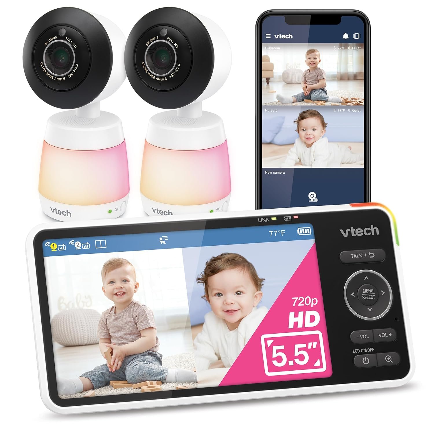 VTech WiFi Baby Monitor with 2 Cameras & 5.5″ HD Split Screen – 2K Video, Pan Tilt 24X Zoom, Night Vision, Two-Way Talk, Multi-Color Night Light, Free App | Smart HD Plus Twin