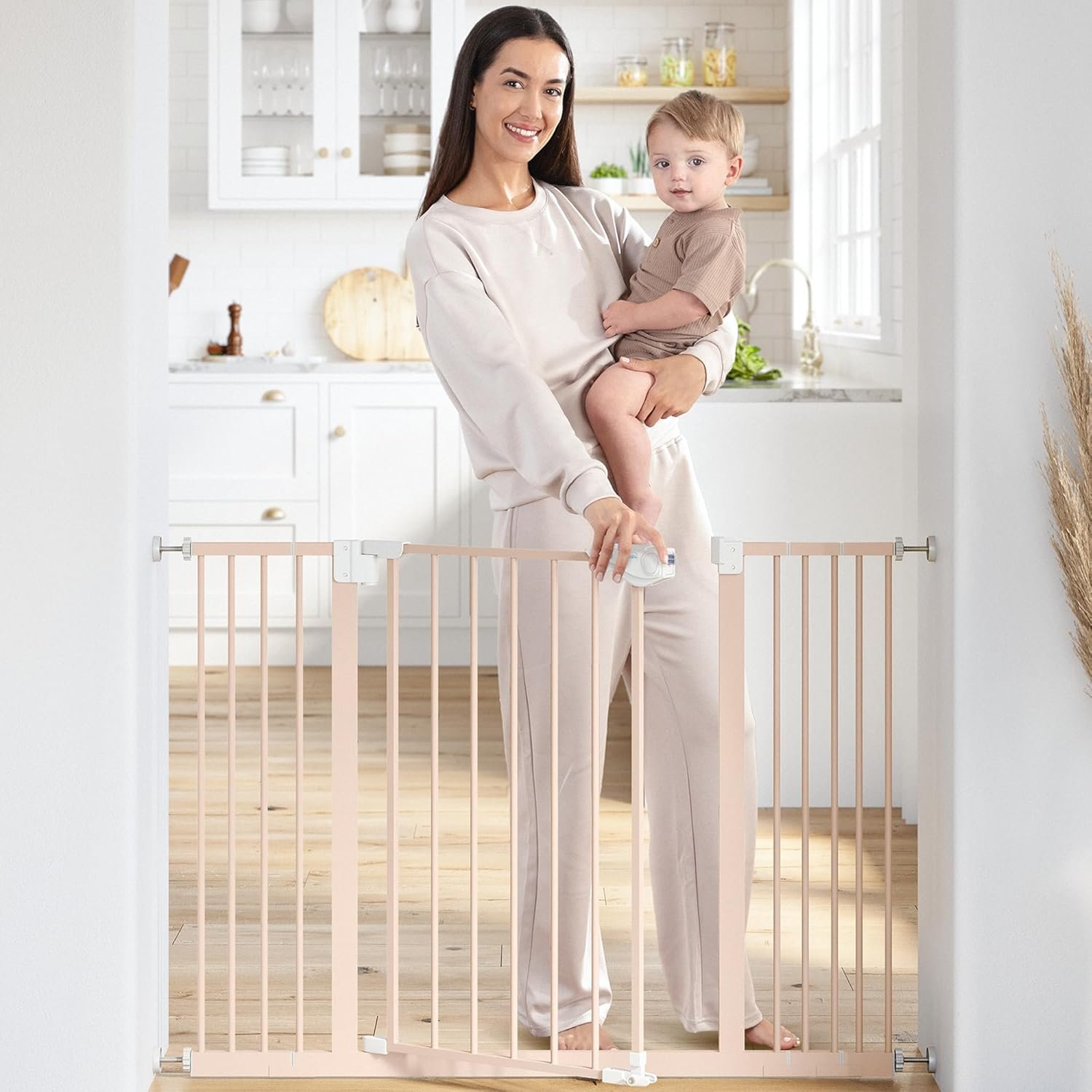Comfy Cubs Baby Safety Gate with 3 Extensions – Adjustable 42″ x 1.9″ x 30″ Q195 Steel Doorway Barrier – Powder-Coated Finish for Stairs and Doorways – Walk-Through Design Pet Gate – Blush