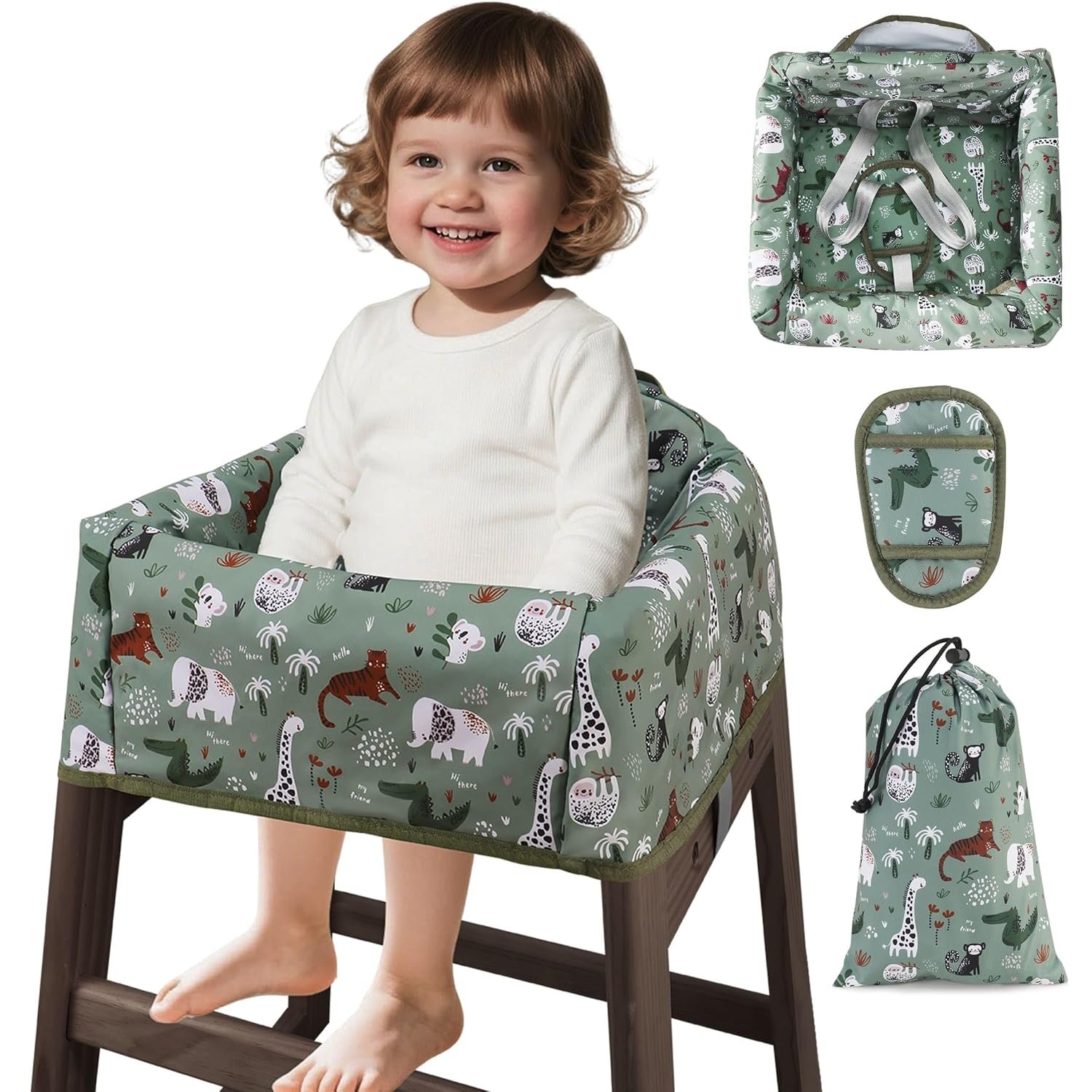 Baby High Chair Cover Restaurant with Strap Pads & 3-Point Harness, Machine Washable, Waterproof Portable Highchair Covers for Eating, Travel, Home Use – Fits Wooden Chairs, Green Dinosaurs