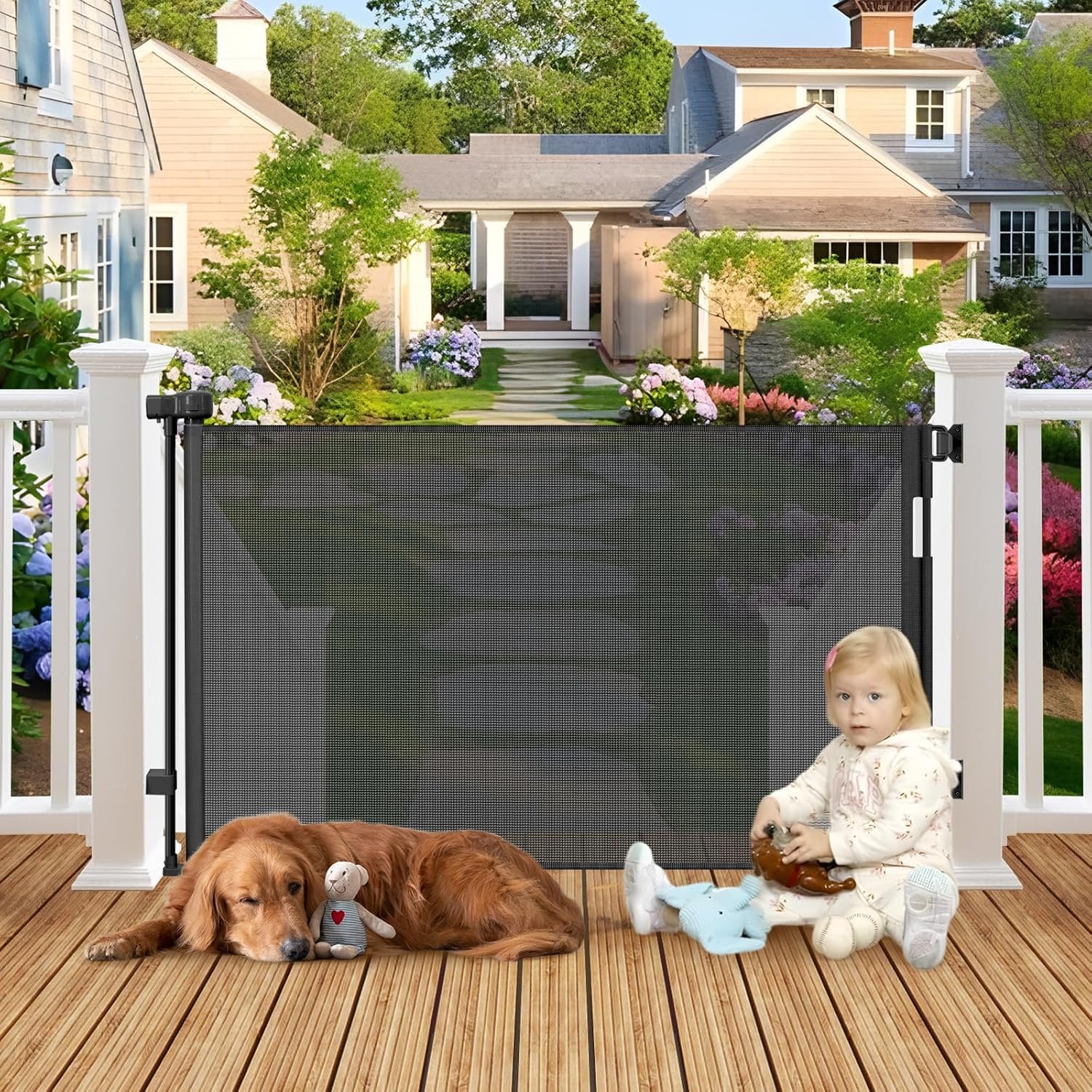 Weatherproof Outdoor Retractable Gate for Dogs with No Rust Stainless Steel Screws and Rods, 55″ Wide Waterproof Retractable Baby Gates, Scratch-Resistant Mesh Safety Outdoor Pet Gate for Deck, Black