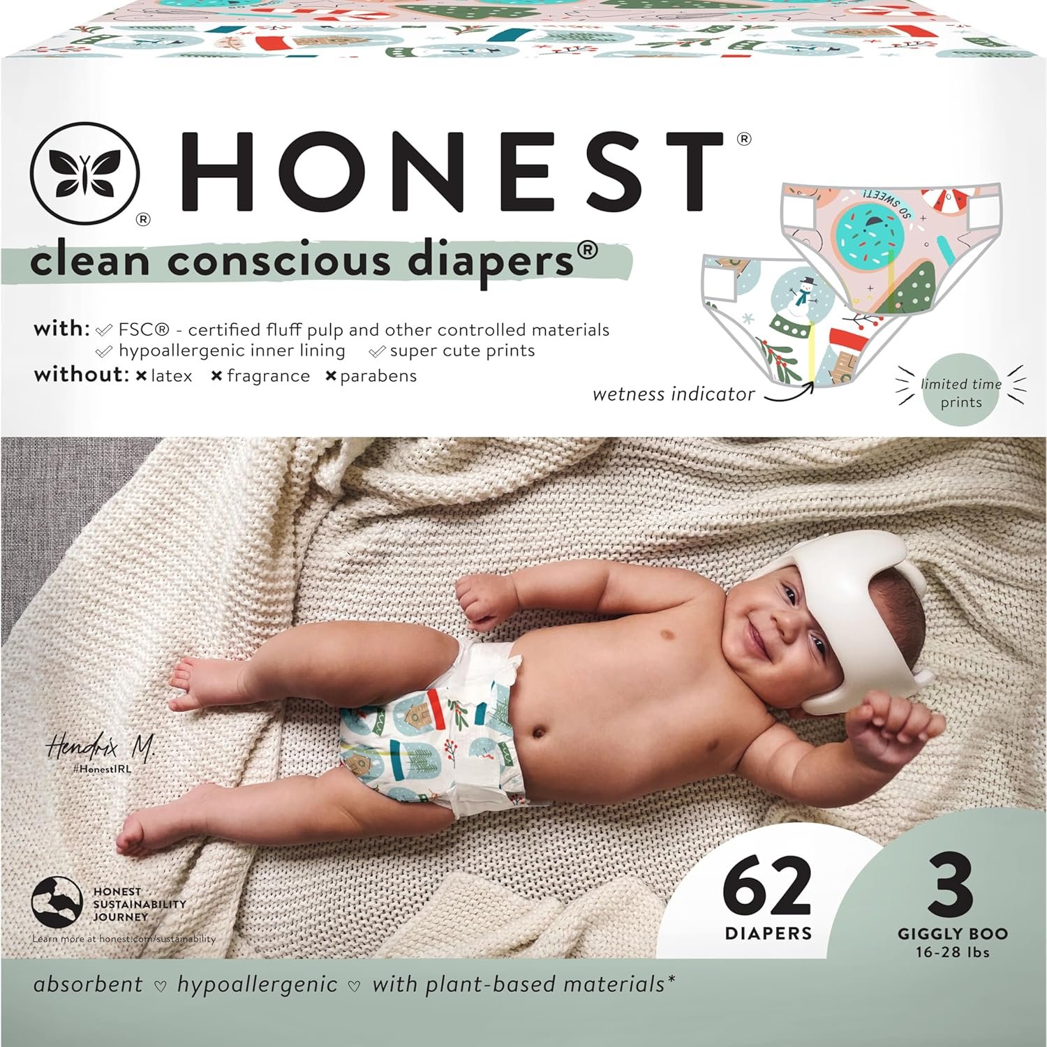 The Honest Company Comfort Dry Disposable Diapers, Plant-Based, Sustainable Winter ’24 Seasonal Prints, Club Box, Size 3, (16-28 lbs), 62 Count