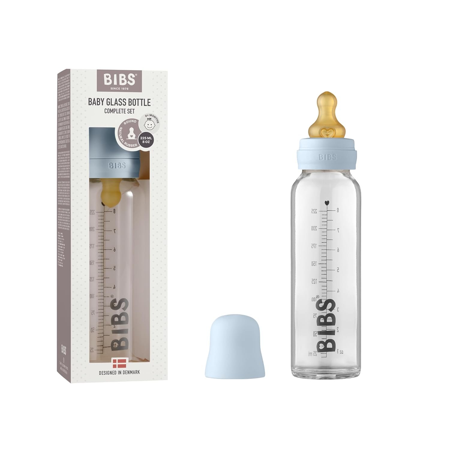 BIBS Baby Glass Bottle. Anti-Colic. Round Natural Rubber Latex Nipple. Supports Natural Breastfeeding, Complete Set – 225 ml, Baby Blue
