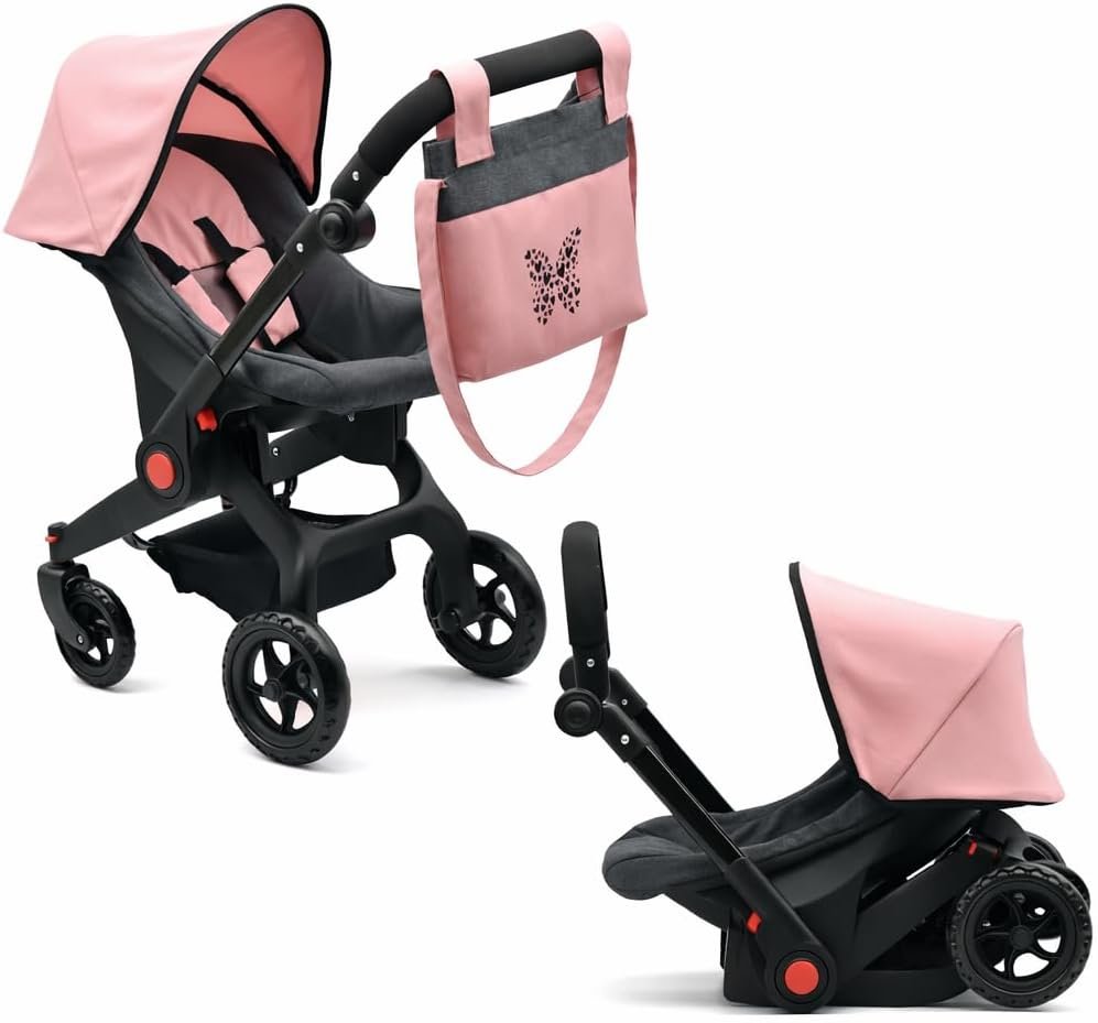 Baby Doll Convertible Travel Stroller for Girls Toddler Play Toy Car Seat Two in One Foldable Carriage for Kids with Diaper Bag Pretend Play Stroller for Doll