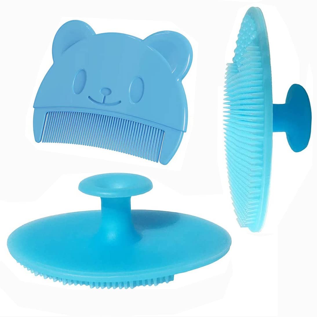 Baby Bath Brush, Baby Cradle Cap Brush, Silicone Massage Brush, Baby Comb, Children’s Comb（3pcs） (Blue)