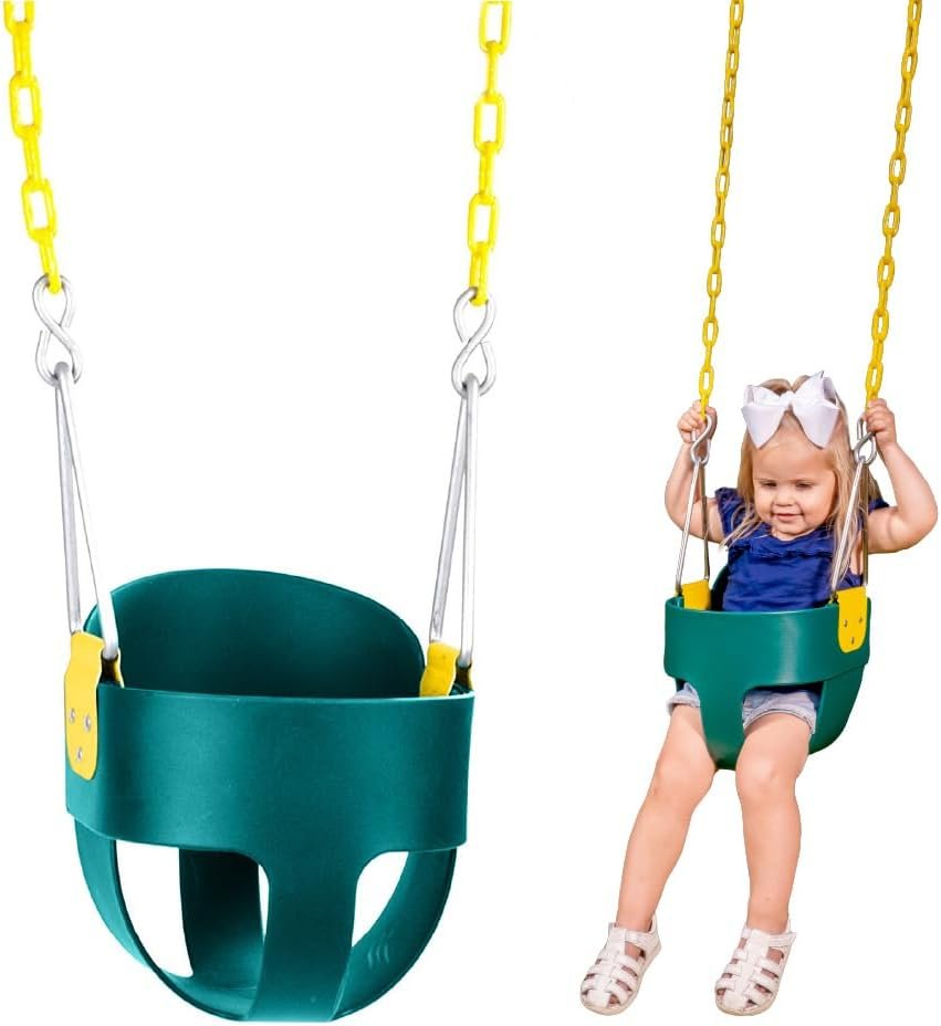 Squirrel Products High Back Full Bucket Toddler Swing Seat, Green | Plastic Coated Chains, Swing Set Additions & Replacements, Outdoor Play Equipment