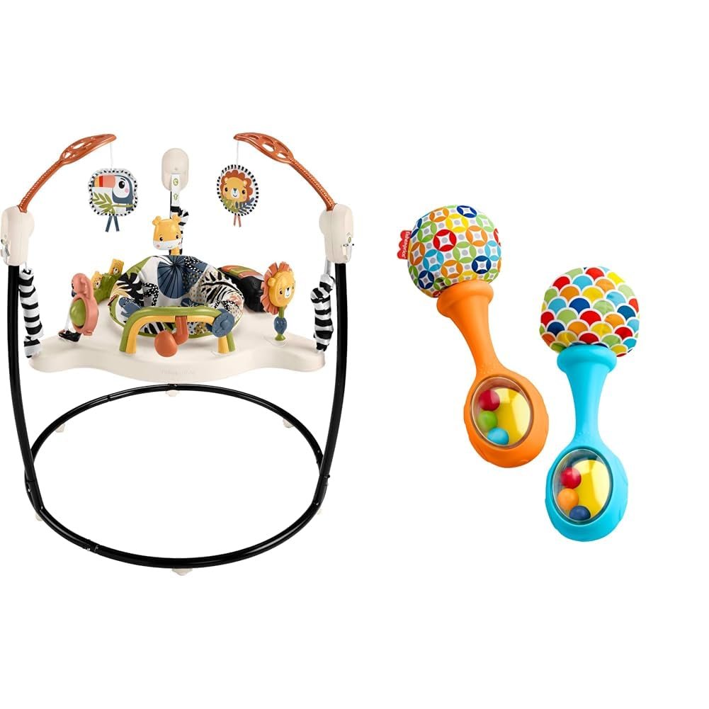 Fisher-Price Baby Bouncer Palm Paradise Jumperoo Activity Center & Newborn Toys Rattle ‘n Rock Maracas, Set of 2 Soft Musical Instruments for Babies 3+ Months, Blue Orange