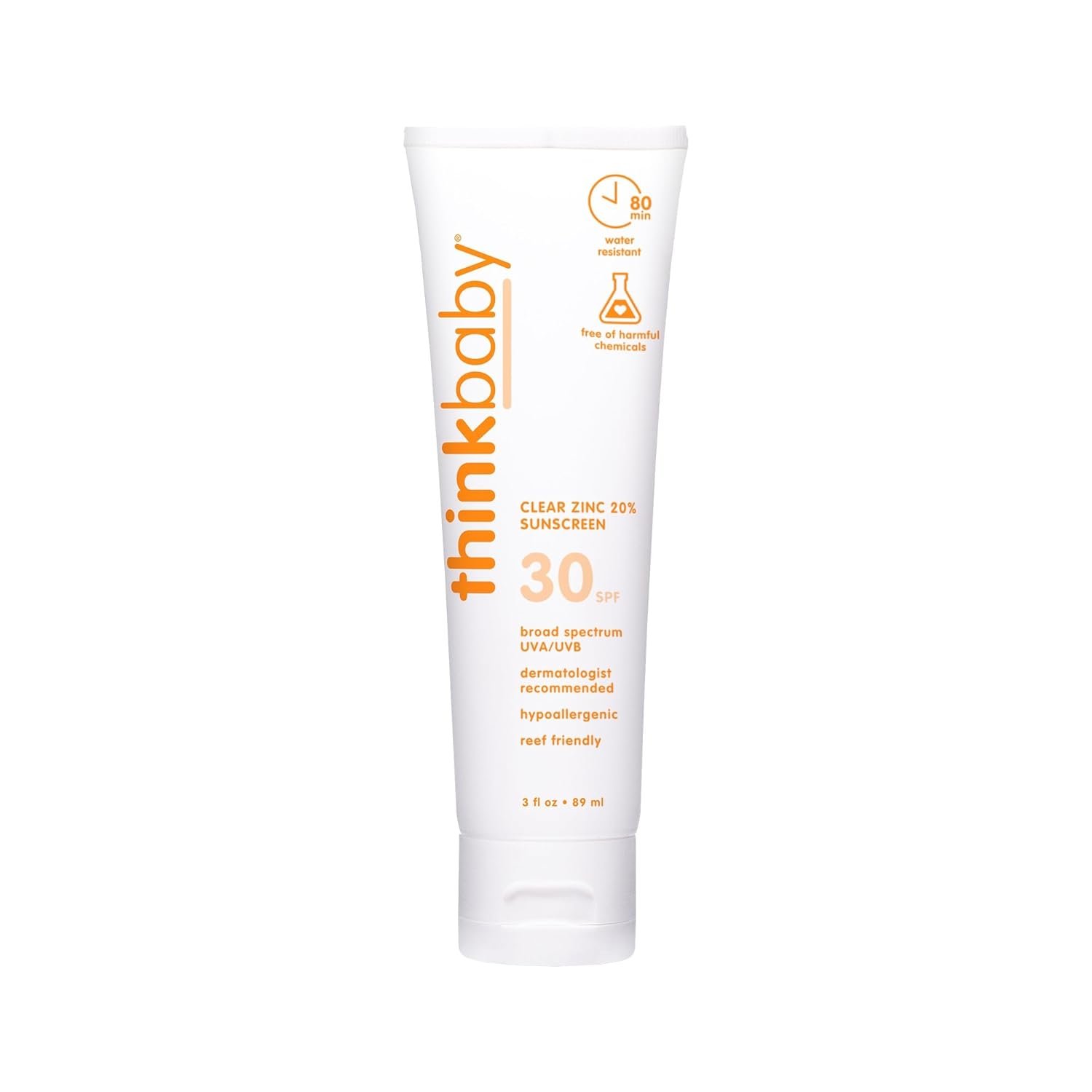 Thinkbaby SPF 30 Mineral Baby Sunscreen, Clear Zinc Oxide, 3 fl oz – Natural, Water Resistant, Kids & Toddler Sun Protection, Reef Safe