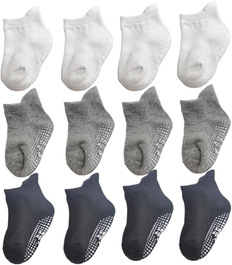 | Anti-Slip Ankle Socks with Grippy Soles for Babies, Toddlers & Kids (12-pair pack) (US, Age, 0 Months, 12 Months, Black-Gray-White)