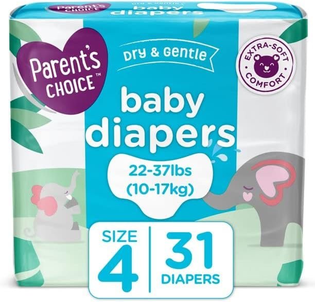 Parent’s Choice Dry and Gentle Baby Diapers, Size 4, 31 Count Yellow