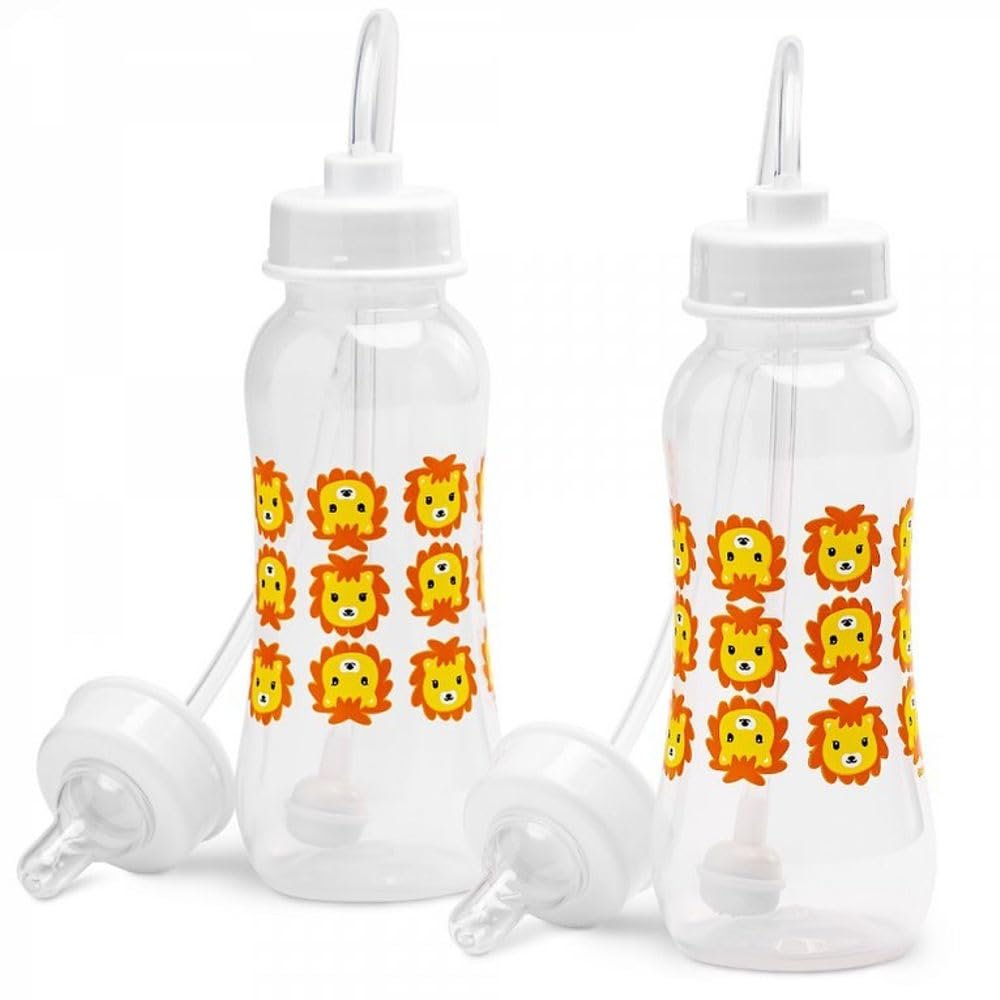 Hands-Free Baby Bottle – Anti-Colic Nursing System 9 oz Baby Bottle with Fast Flow Nipple/Teat 3m+ with Tube Straw Feeding System for Toddler (2 Bottles – Lion)