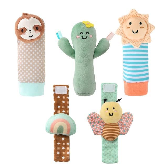 The Peanutshell Sock Rattles Set of 5 – Girl Boy Rattle Socks, Baby Toys 0-6-12 Month, Animal Newborn High Contrast Baby, Infant, New Born Toys 0-3 0-6 Months Old Babies – Boho