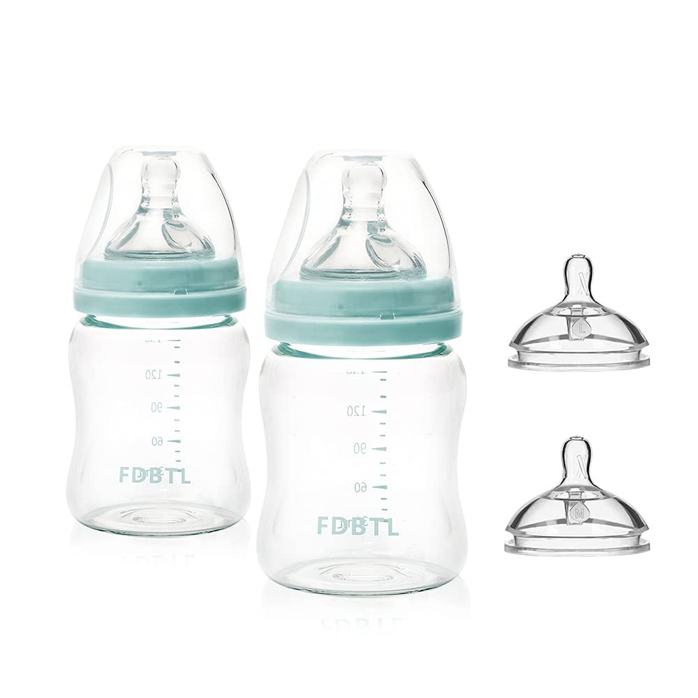 Baby Bottle Glass Wide Neck, Closer to Breastfeeding, Slow Flow Nipple, Anti-Colic, 4 Ounce, 2 Count (Blue)