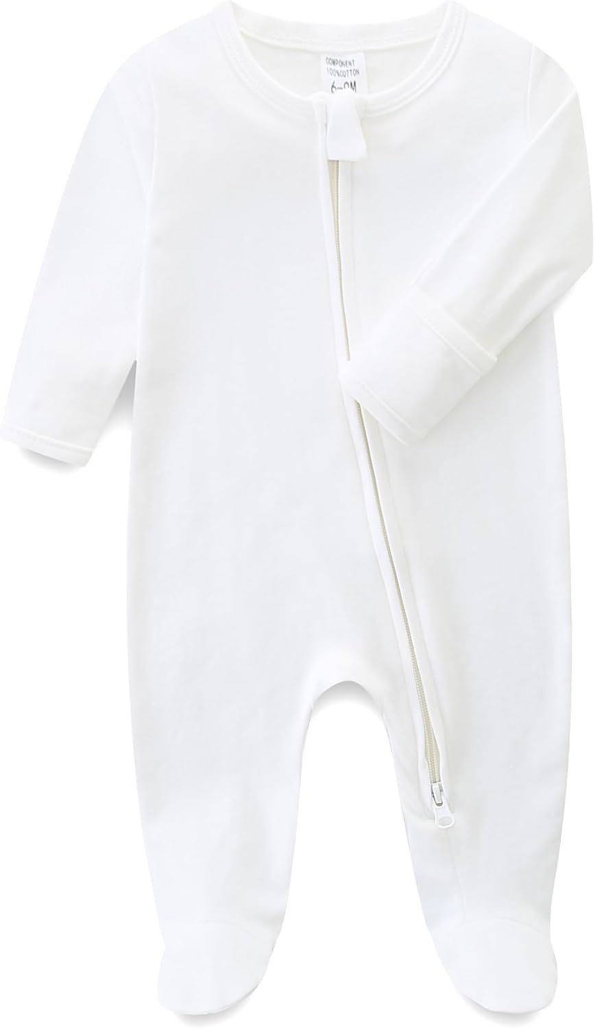 Hikido Baby Romper 100% Organic Cotton Pajamas One Piece Long Sleeve Zipper Footie Onesie for 0~12M Baby
