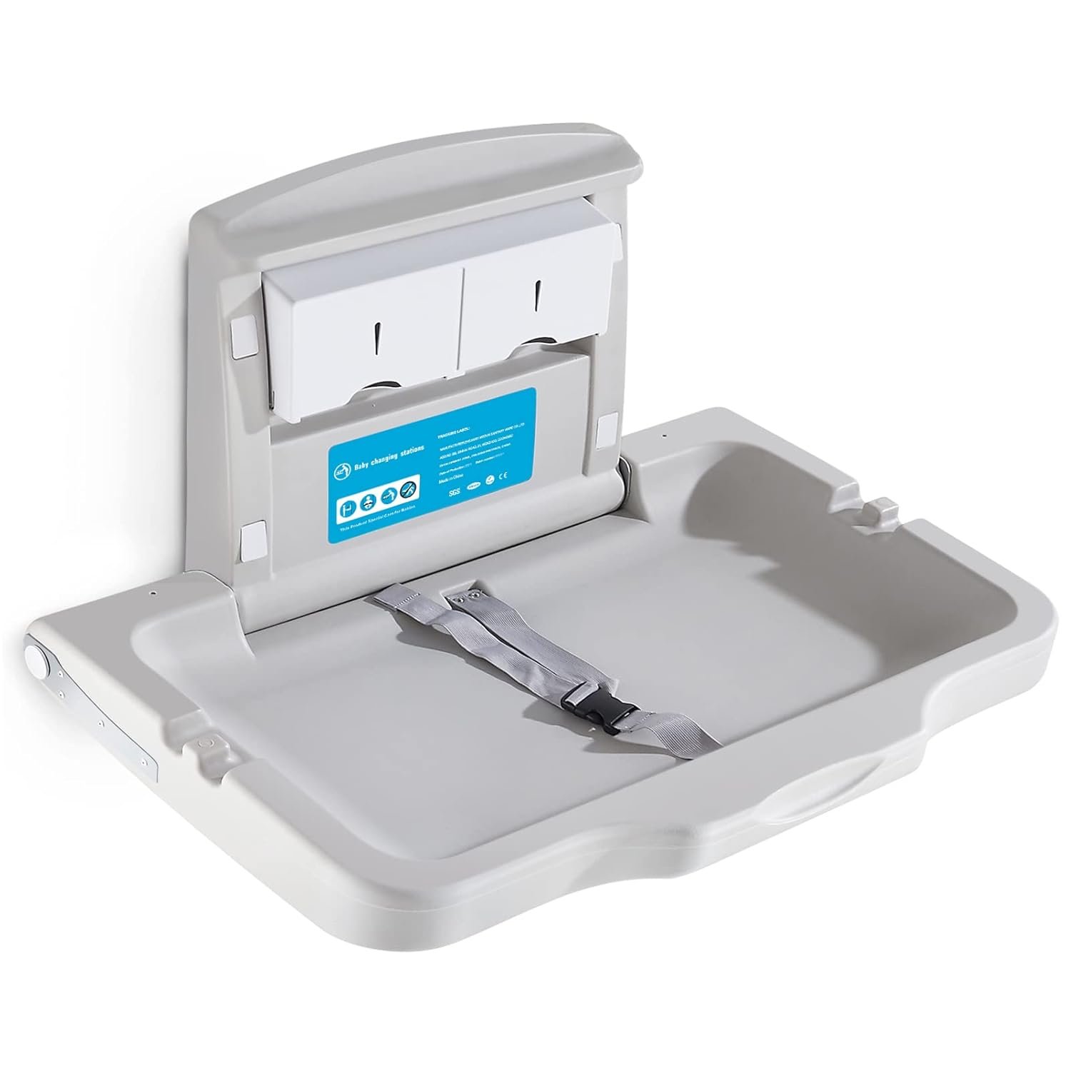Baby Changing Station Wall Mounted,Baby Changing Table with Safrty Strap,HDPE Fold-Down Diaper Changing Station Table,Foldable Diaper Changing Unit for Commercial Bathroom (Gray-Horizontal)